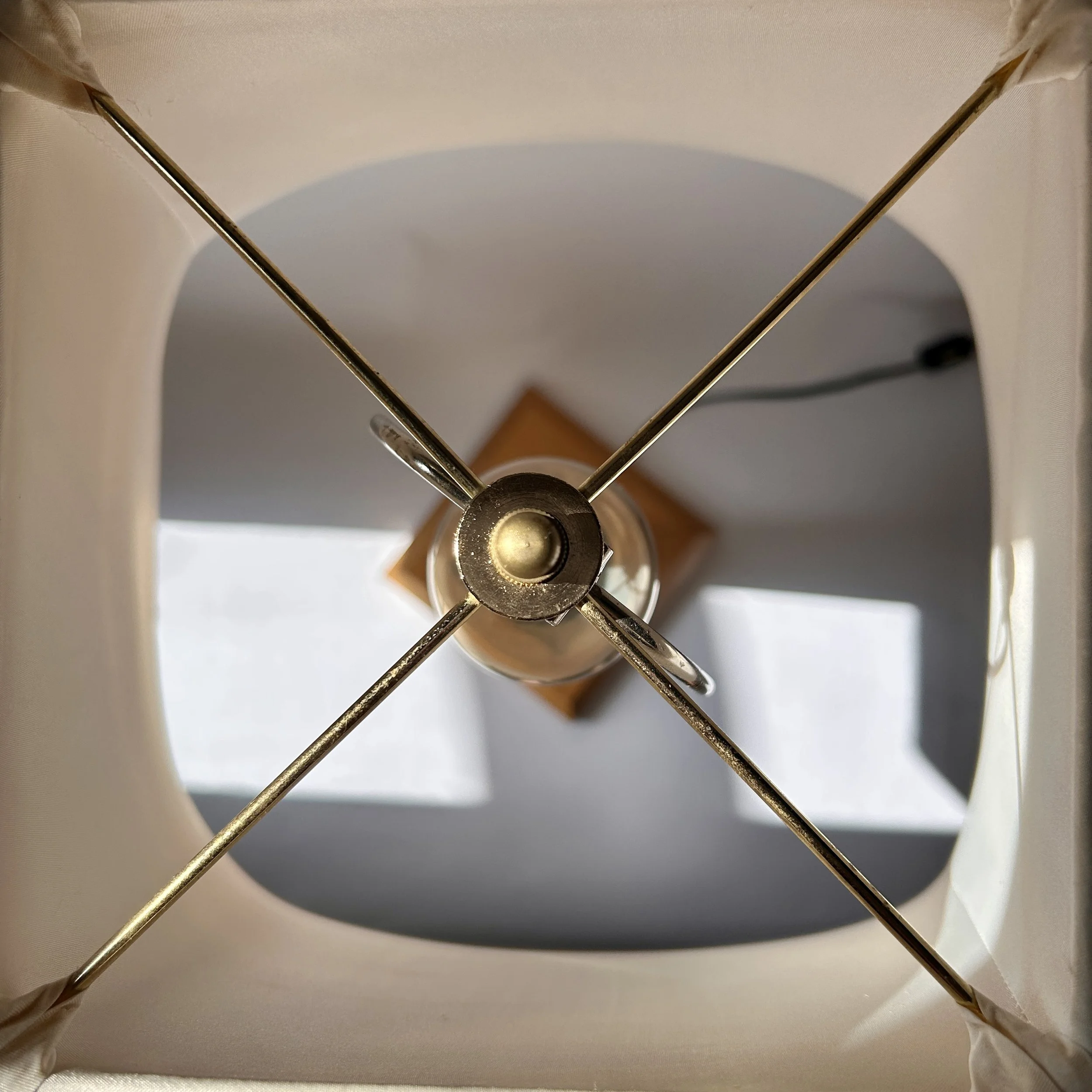 Vintage minimalist wooden table lamp with tapered geometric column, square wood base, and warm ivory raw silk shade.