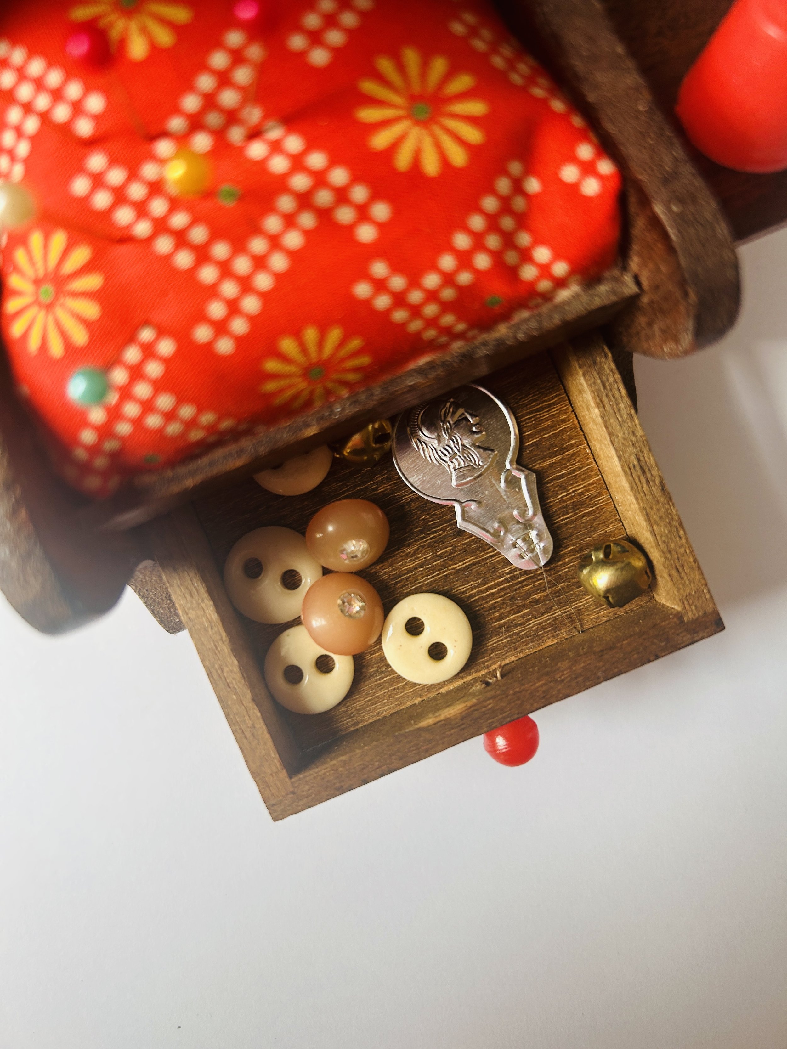 Thread caddy, vintage miniature wooden chair with red patterned cushion and small drawer, folk art decorative accent