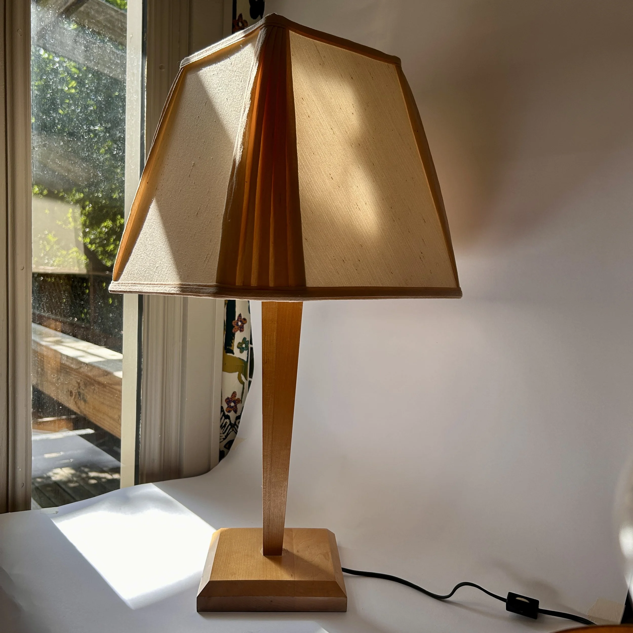 Vintage Wooden Table Lamp with Raw Silk Shade