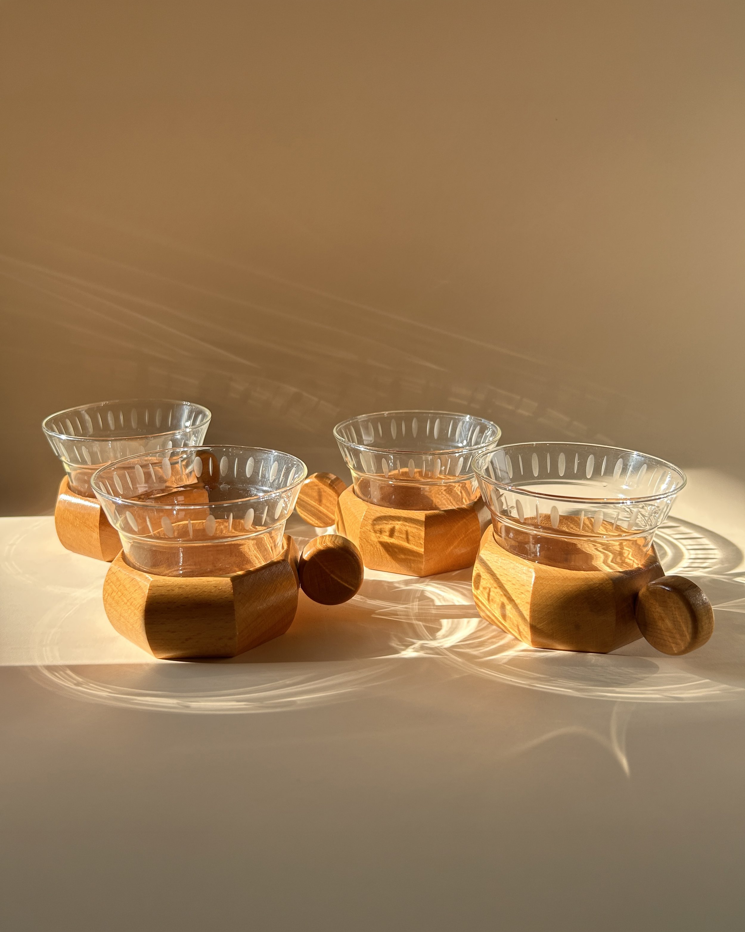 German Glass & Wood Tea Cups - Set of Four