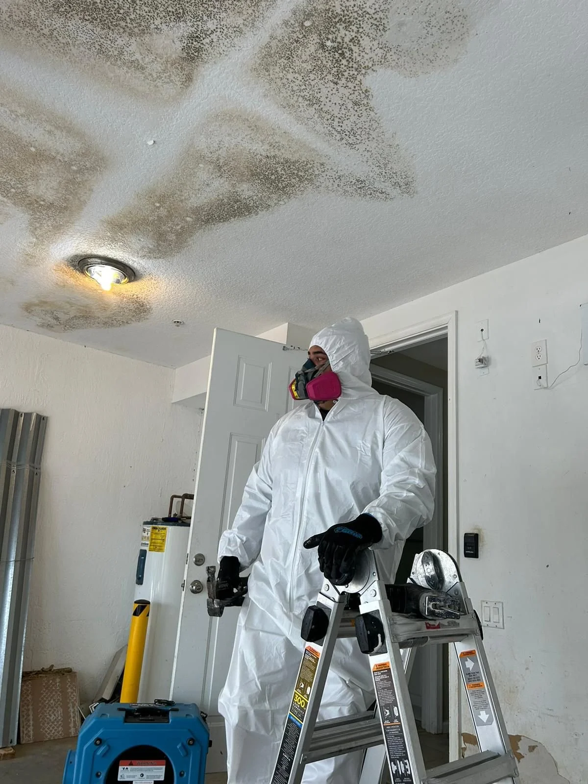 Person in protective gear inspecting a moldy ceiling in a room with a ladder and cleaning equipment.