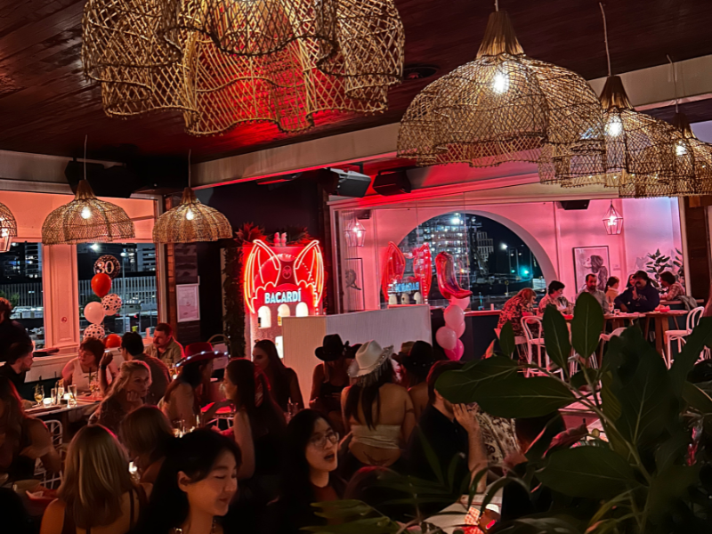 A lively, decorated party venue with many people sitting at tables, colorful balloons, a neon Bacardi sign shaped like a bat, and festive lighting. The room has hanging wicker lamps and large windows showing city lights outside.