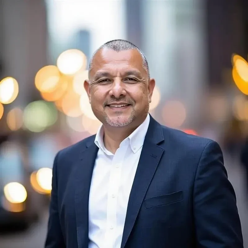 A man in a navy blue suit and white shirt standing outdoors in an urban setting with blurred city lights in the background.