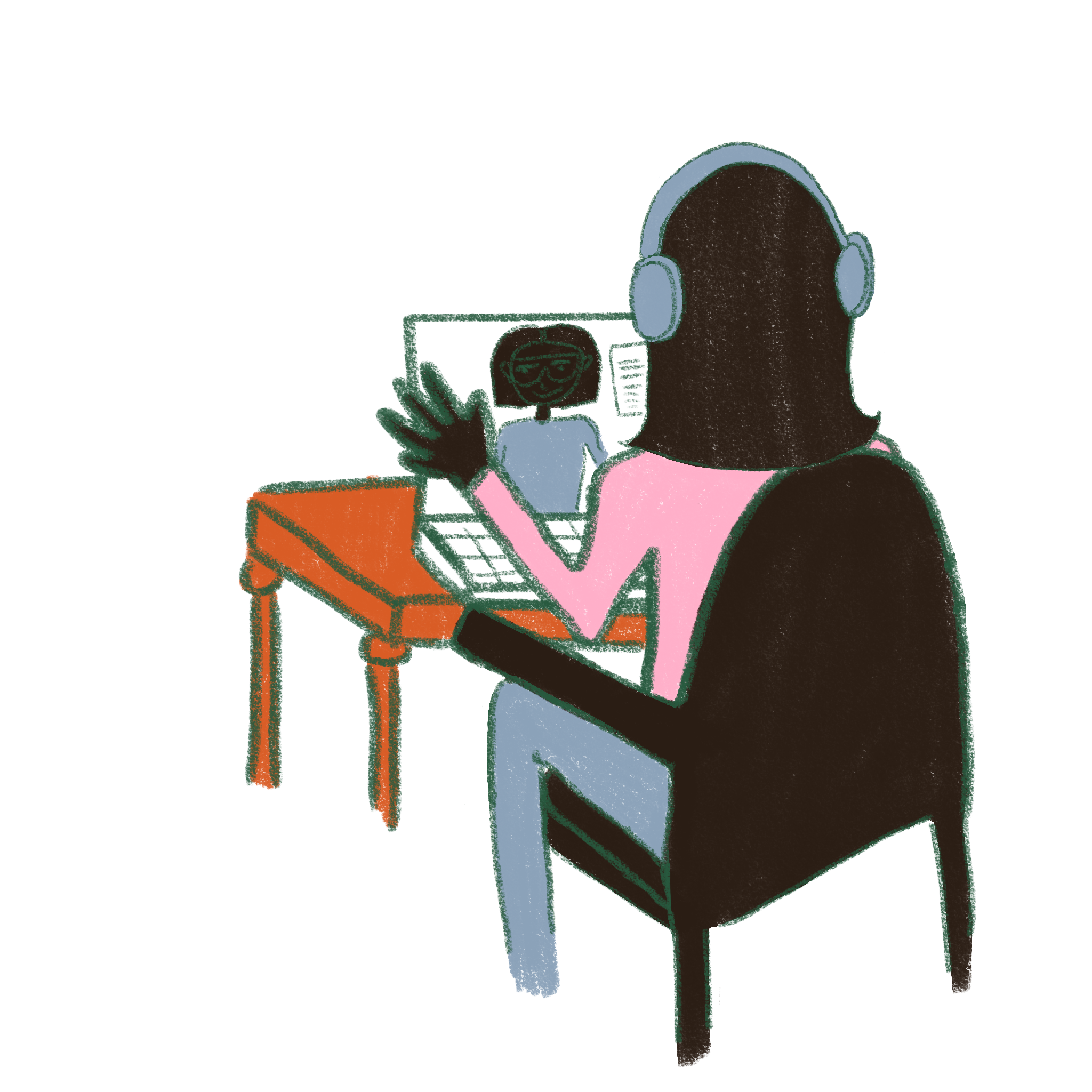 A person with long dark hair wearing headphones and a pink shirt sitting at a desk, working on a computer.