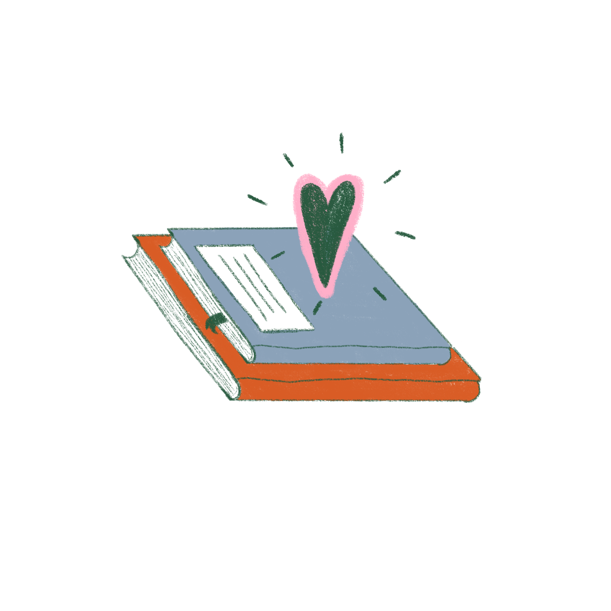 Digital illustration of a desk with an open book, a closed book, and a laptop, along with a pink heart and sun rays.