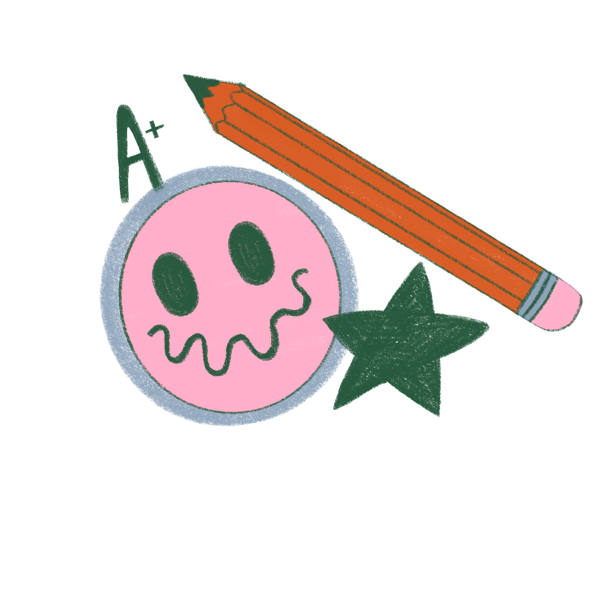 Close-up of a pink piggy bank with a dollar symbol on its side, a large orange pencil resting on top, and the words 'A+' written nearby.