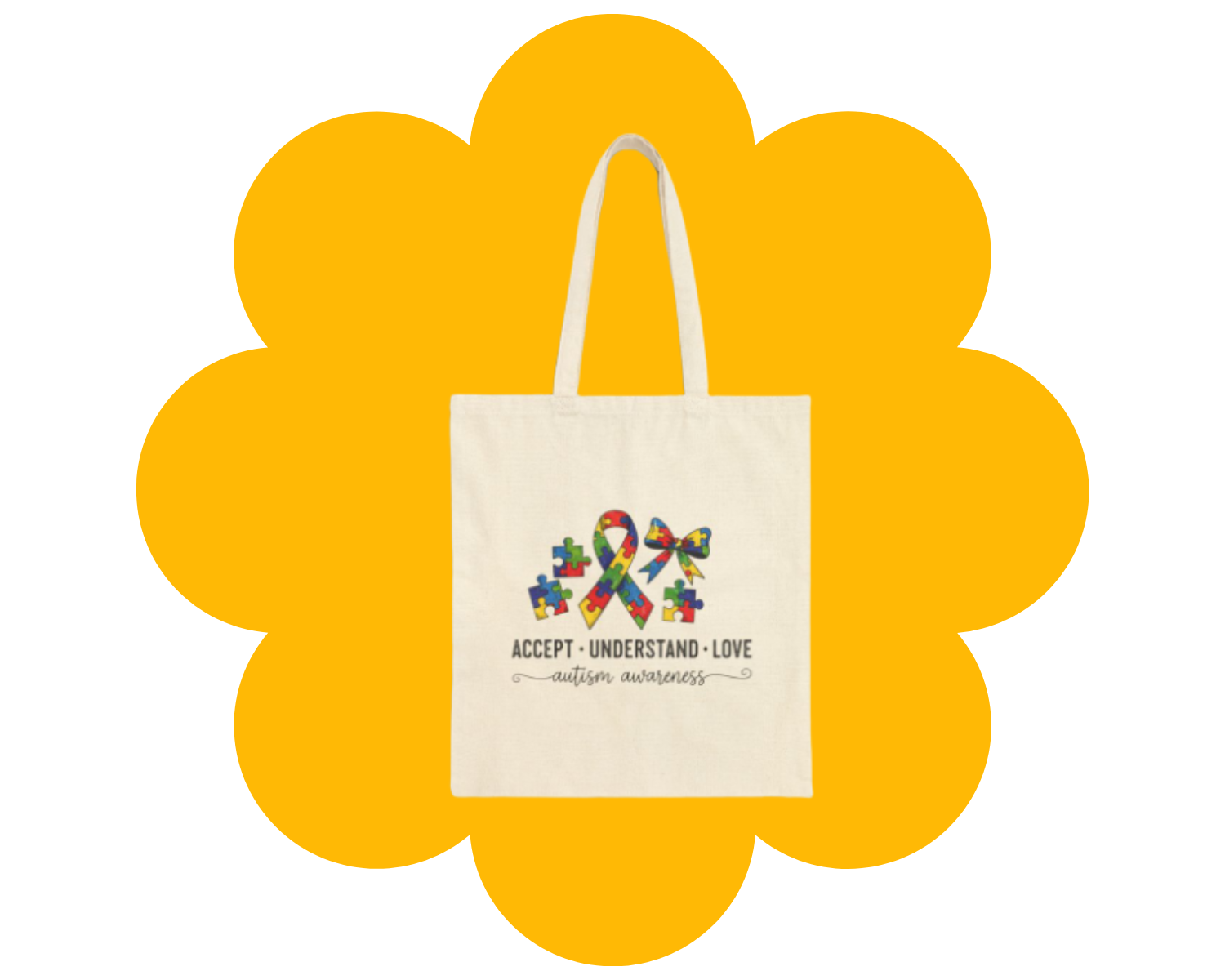 Accept Understand Love Canvas Tote – Puzzle Ribbon Bag