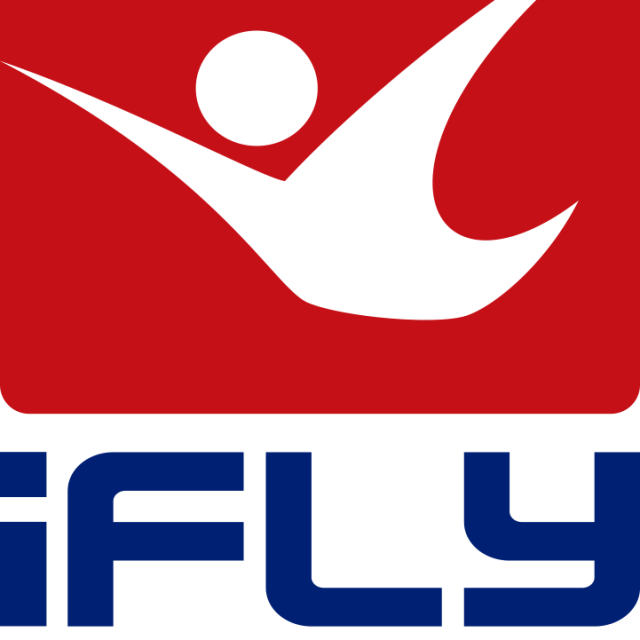 Logo of a white stylized person jumping on a red background with the text 'iFLY' underneath.
