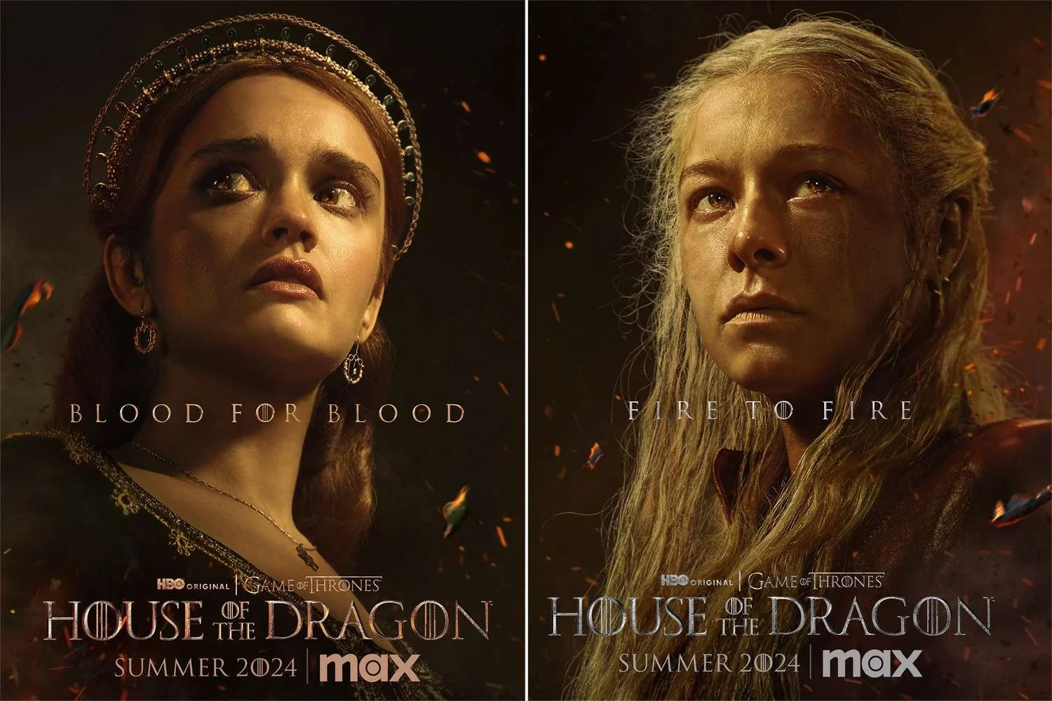 Side-by-side promotional poster for the TV series 'House of the Dragon' featuring two characters. The left character is a woman with red hair, wearing a tiara and jewelry, with the text 'Blood for Blood' below her. The right character is a woman with long, light-colored hair and a serious expression, with the text 'Fire to Fire.' Both posters include release information: 'Summer 2024,' 'HBO Original,' 'Game of Thrones,' and the 'max' logo.