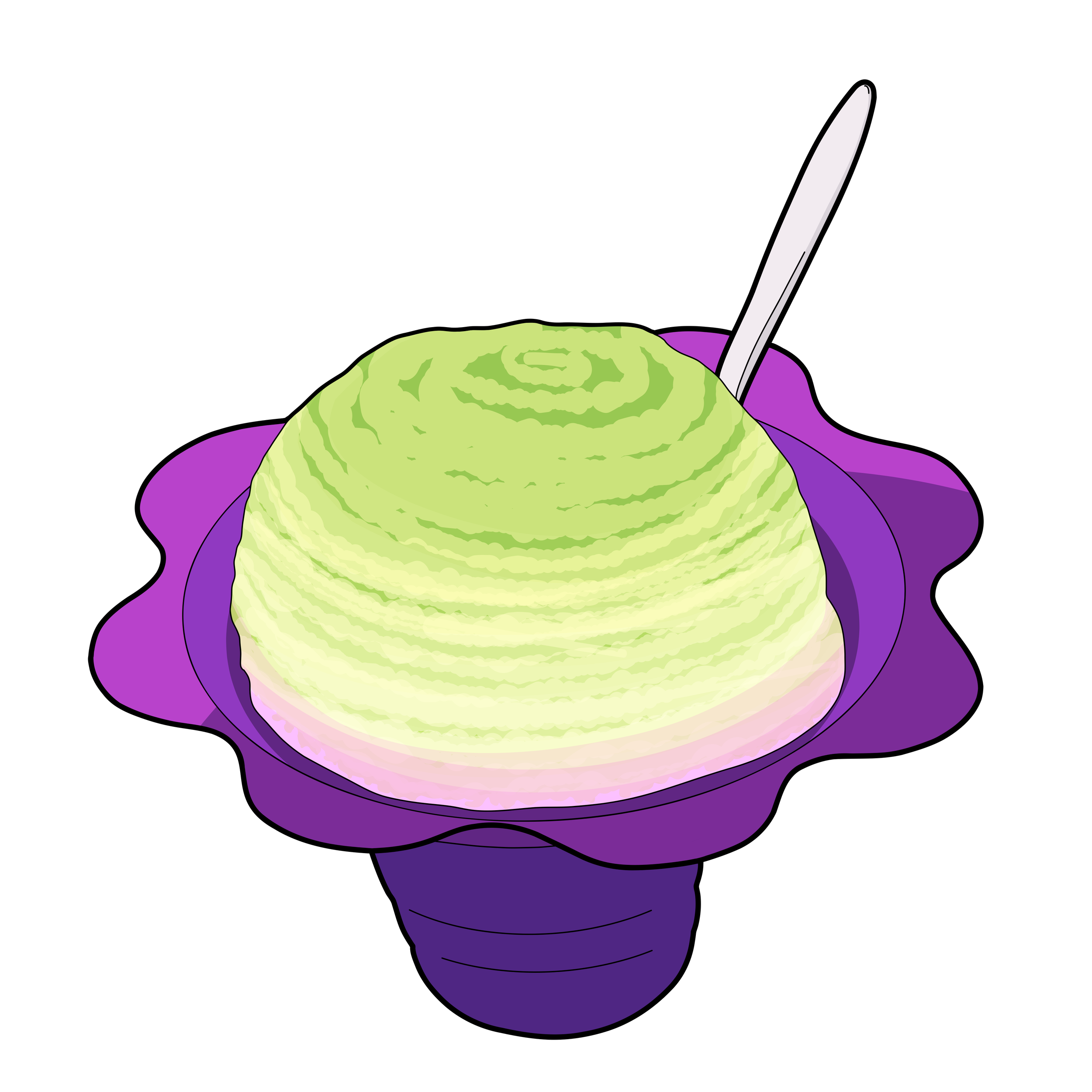 Digital illustration of a green snail with a purple shell against a black background.