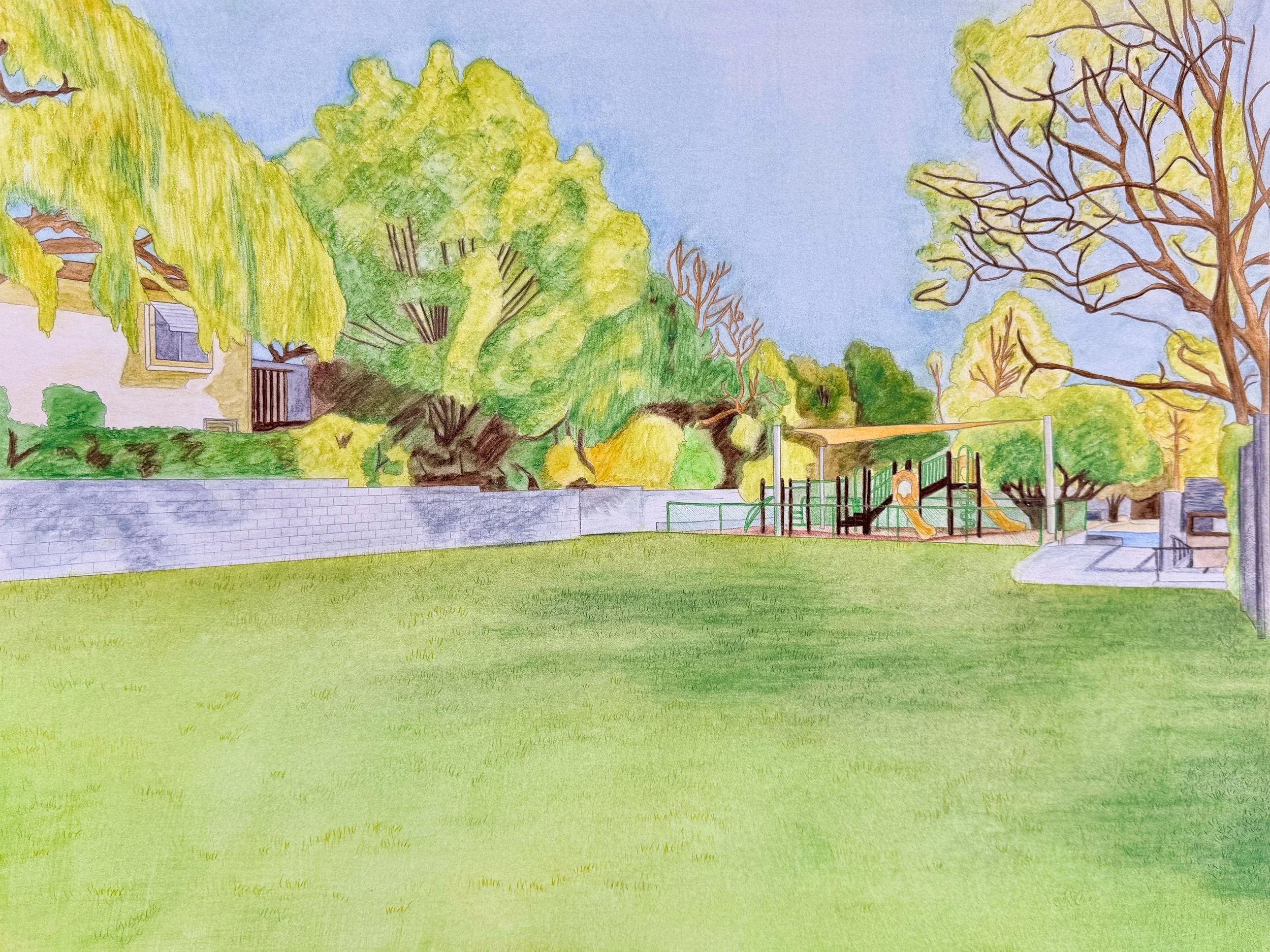 A colorful watercolor painting of a park scene with trees, a grassy area, a fence, and a small playground structure