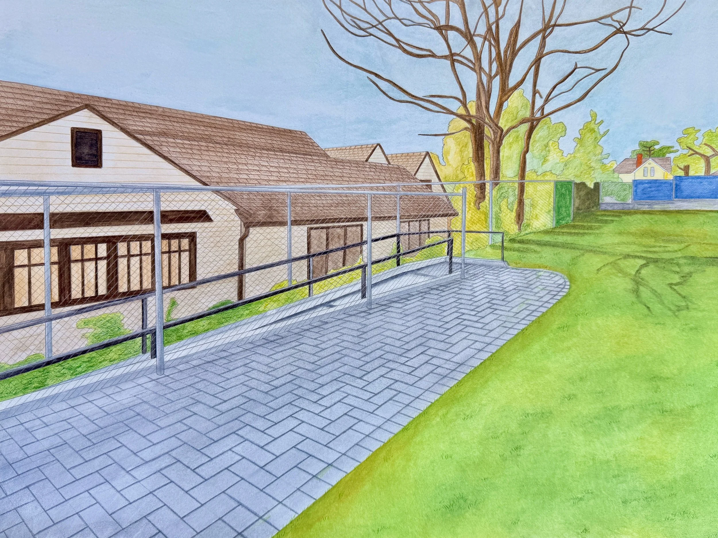A hand-drawn illustration of a backyard scene featuring a house with a sloped roof, a chain-link fence, a paved walkway, green grass, and trees with green and yellow foliage under a blue sky.