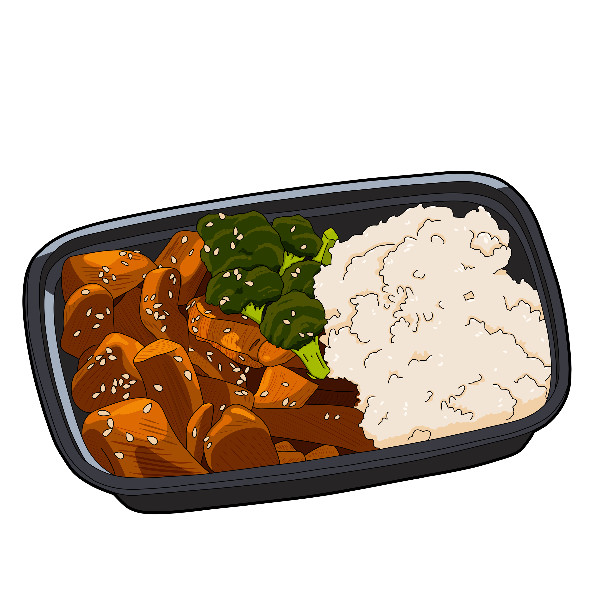 A digital illustration of a takeout container filled with food, including teriyaki chicken garnished with sesame seeds, steamed broccoli, and fluffy white rice.