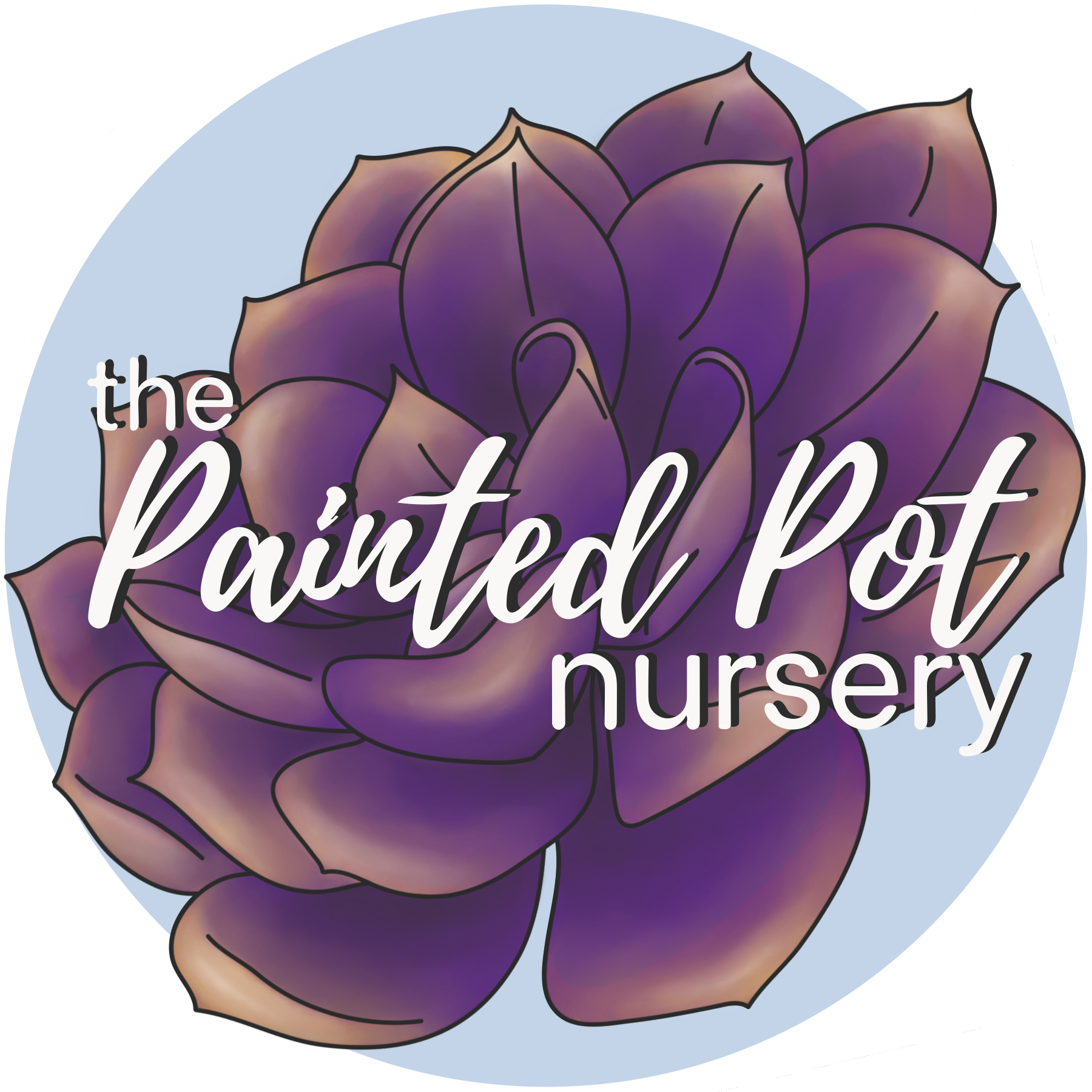A circular logo with a purple succulent plant in the center and white text overlay that reads 'the Painted Pot nursery'. The background is light blue.