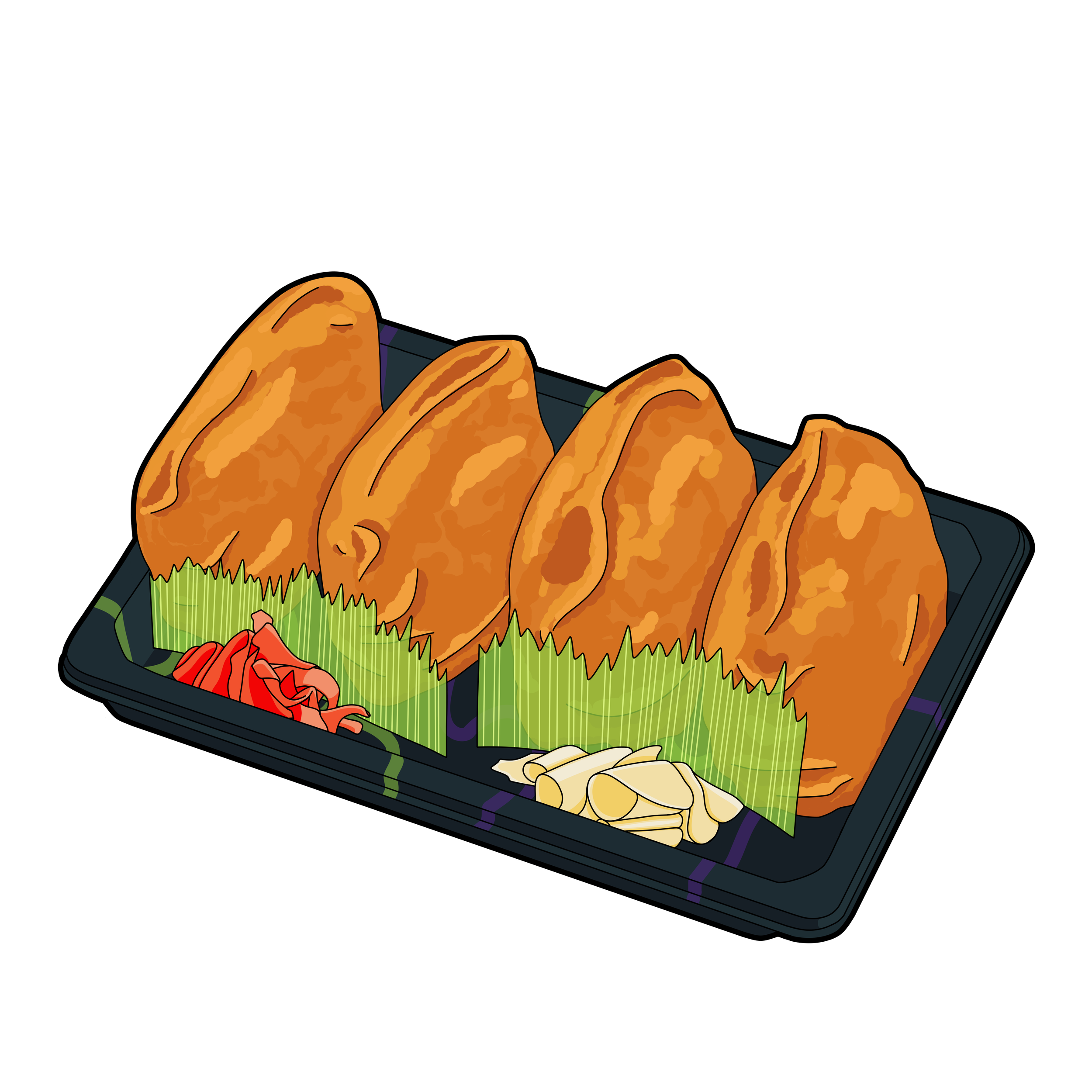 Illustration of a food tray with fried chicken, a side salad, and some bread or rolls.