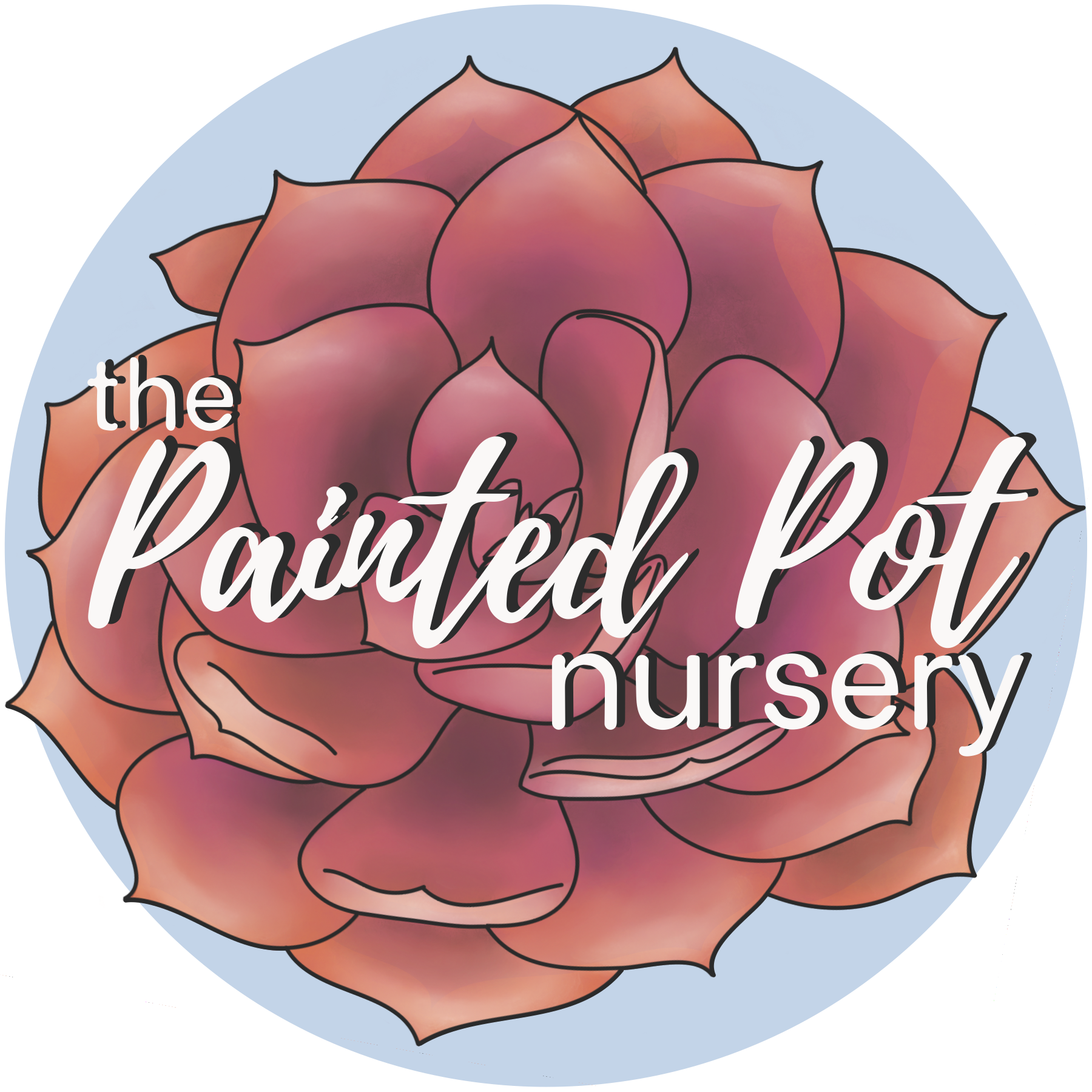 A circular logo with a pinkish-orange succulent plant in the center and white text overlay that reads 'the Painted Pot nursery'. The background is light blue.