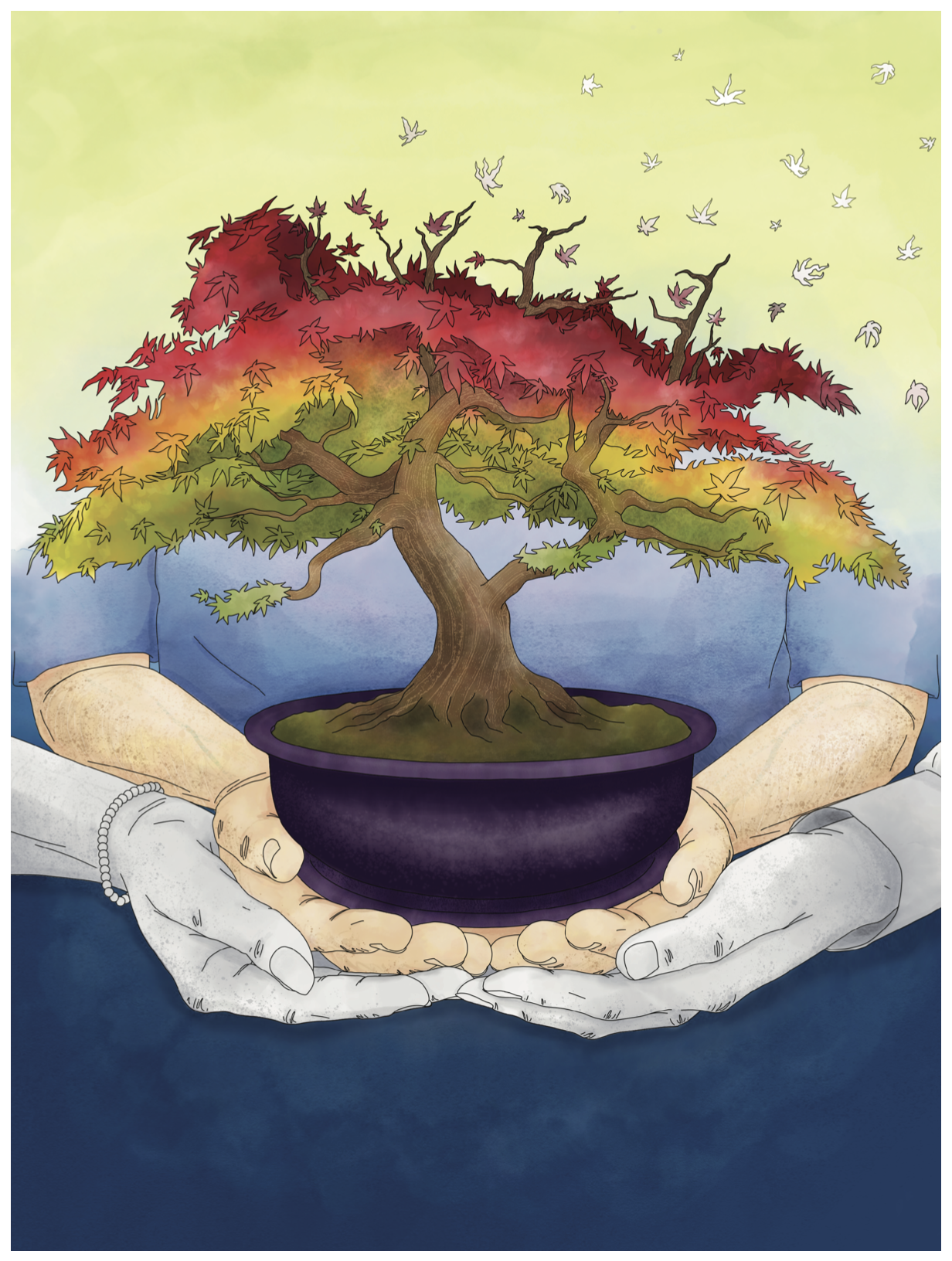 A person in a blue shirt holding a bonsai tree in a purple pot. The tree has vibrant red, yellow, and green leaves, with some falling.