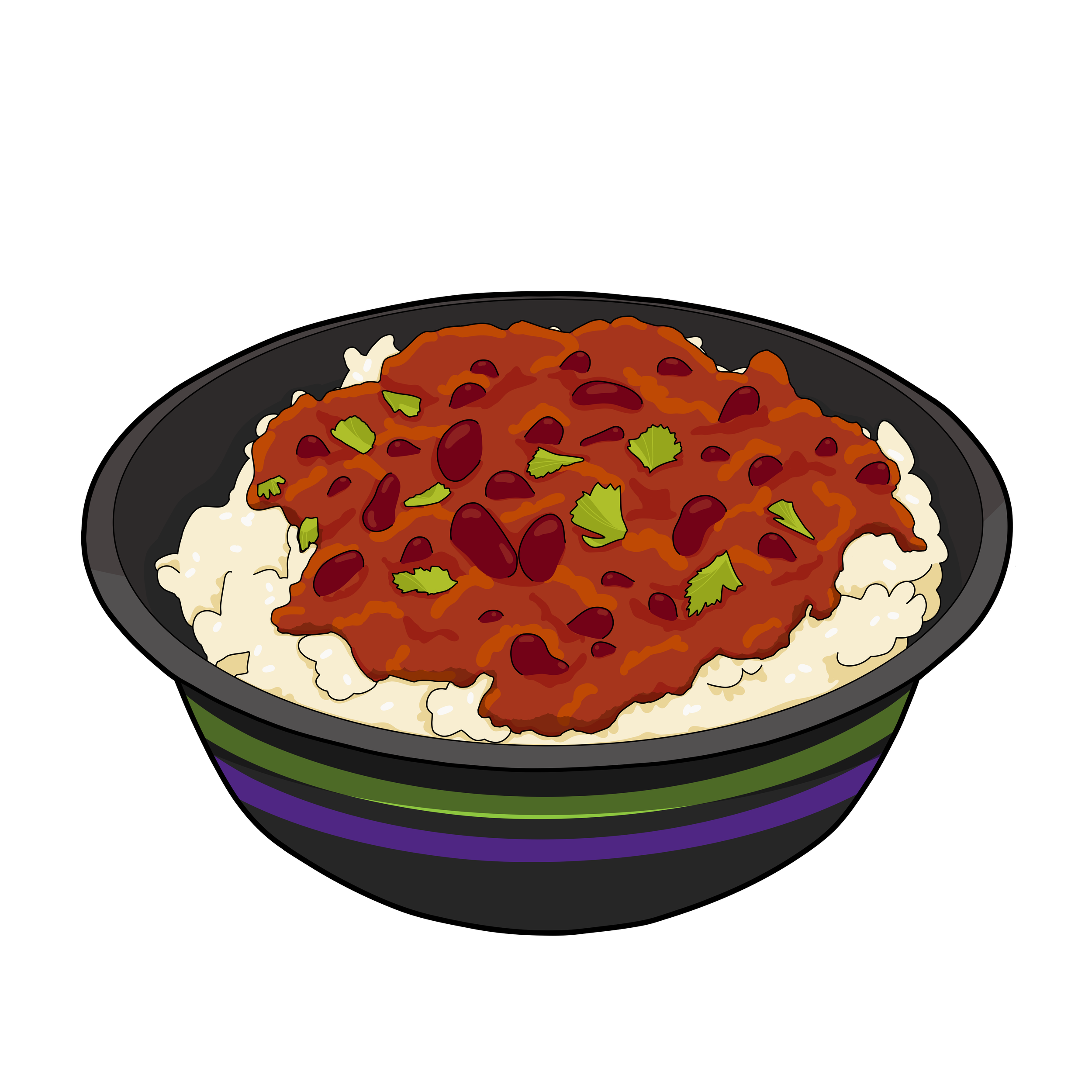 A digital illustration of a bowl of rice topped with chili and garnished with cilantro leaves in a black bowl.