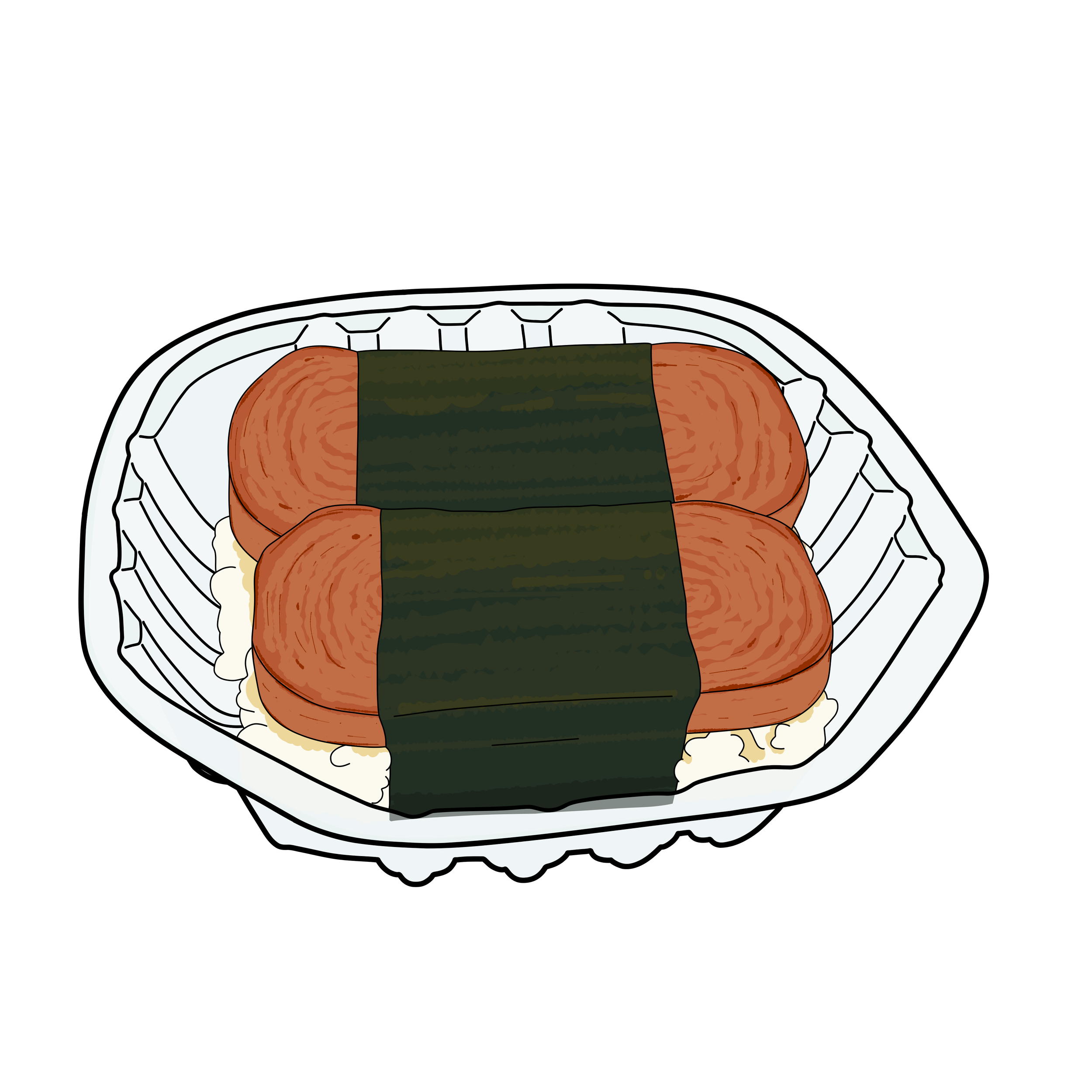 A digital illustration of spam musubi in a clear takeout container.