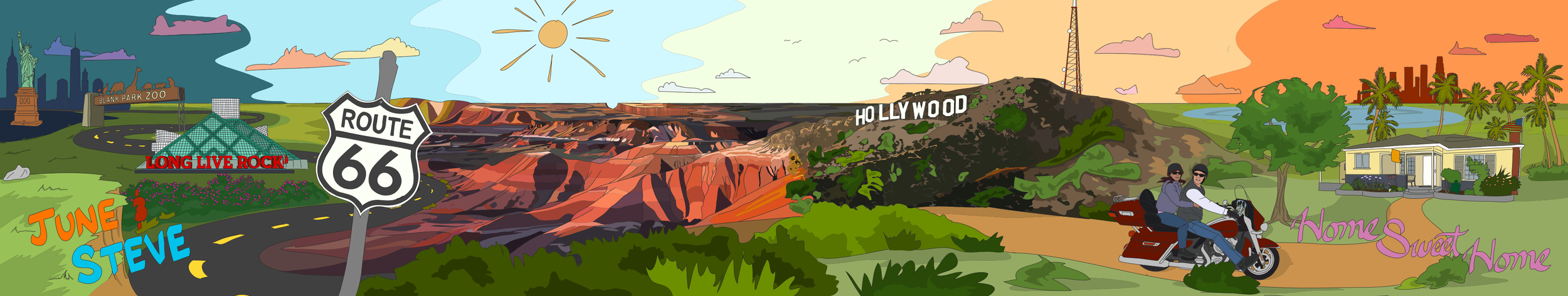The colored version. The mural was meant to be a vibrant visual representation of a happy life and a glimpse of the beauty of our home country. Towards the end of the project, it was decided to add the beach where Route 66 comes to an end in Santa Mo