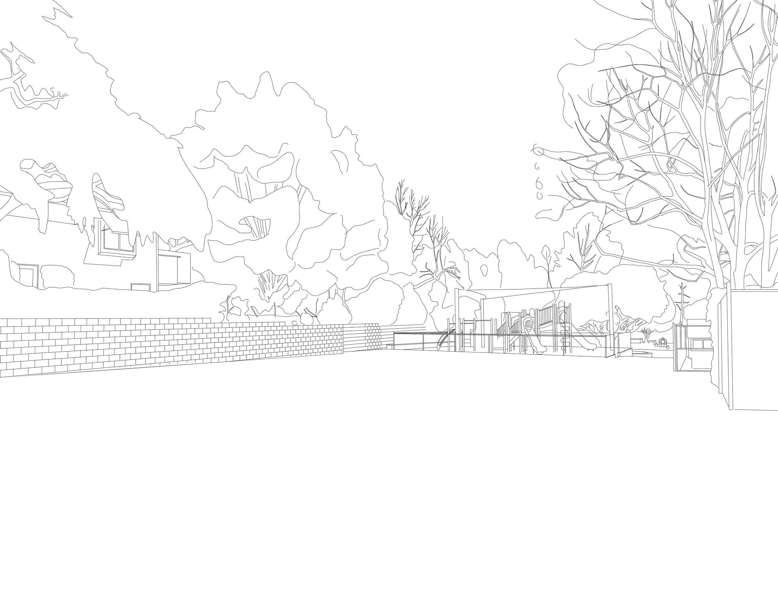 Outline of a playground with trees and a brick wall in the background.