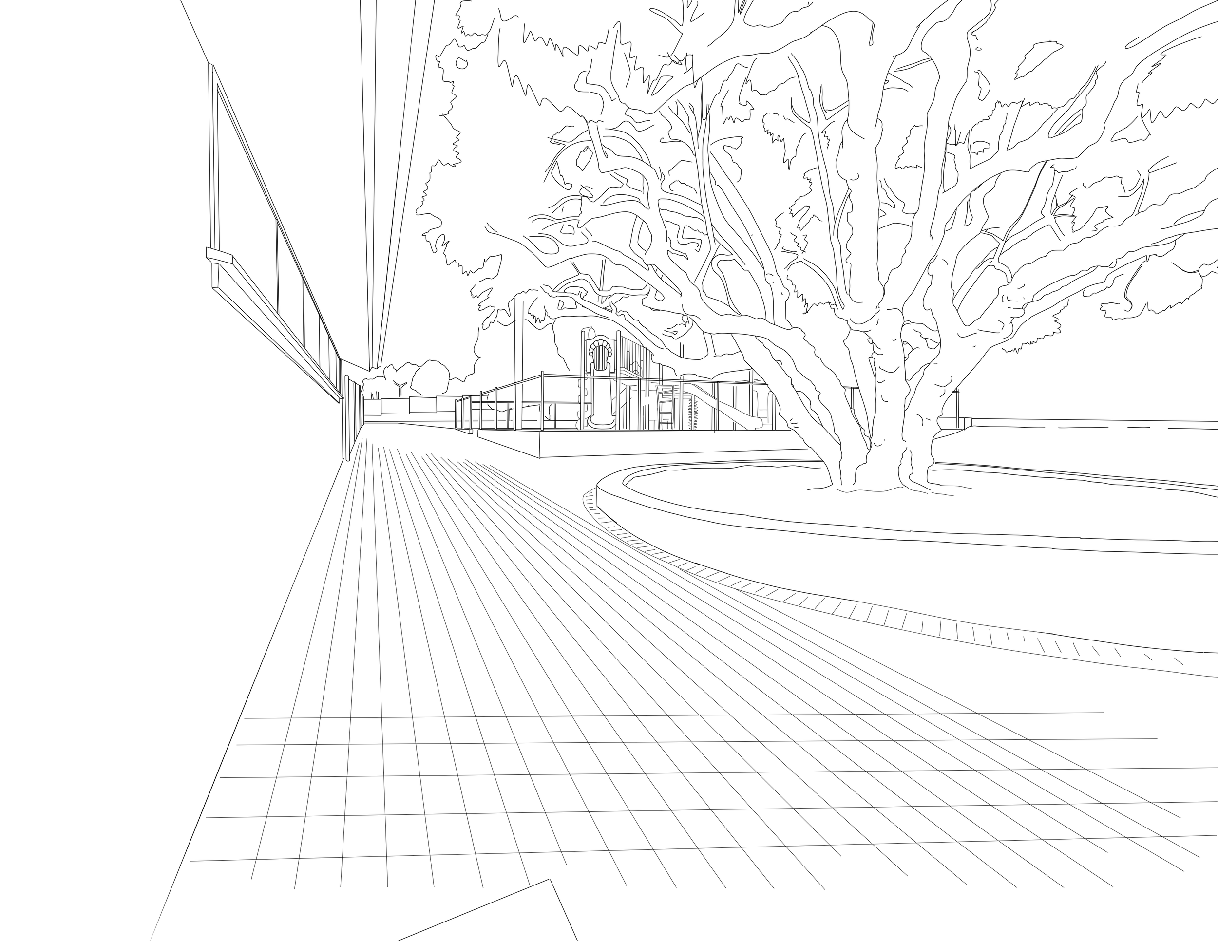 Line drawing of an outdoor area with a large tree, a building on the left, and a playground structure with slides and ladders in the background.
