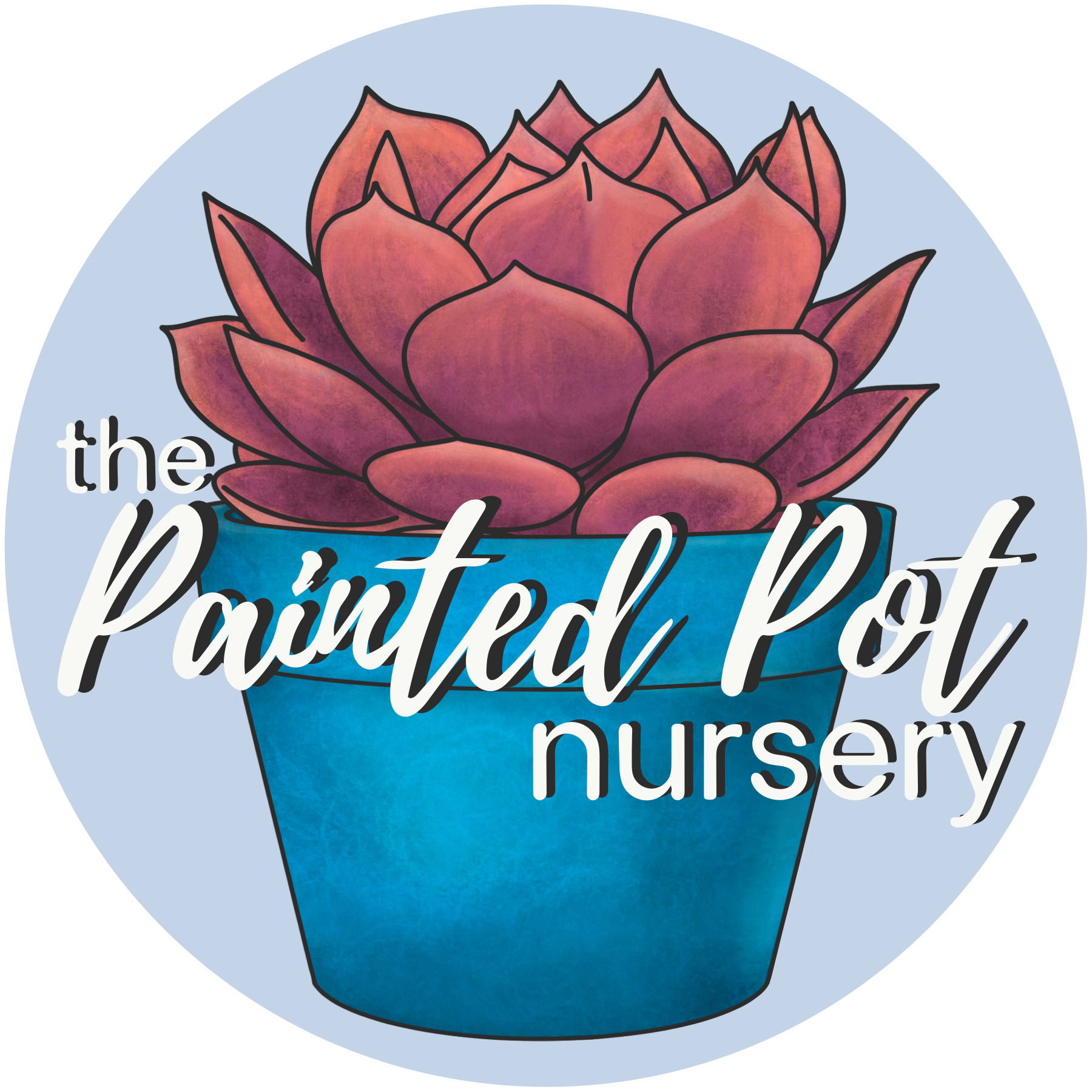 A colorful digital illustration of a potted succulent plant with sharp, fleshy leaves in shades of pink and purple, with overlay text reading 'the painted pot nursery' in white cursive font.
