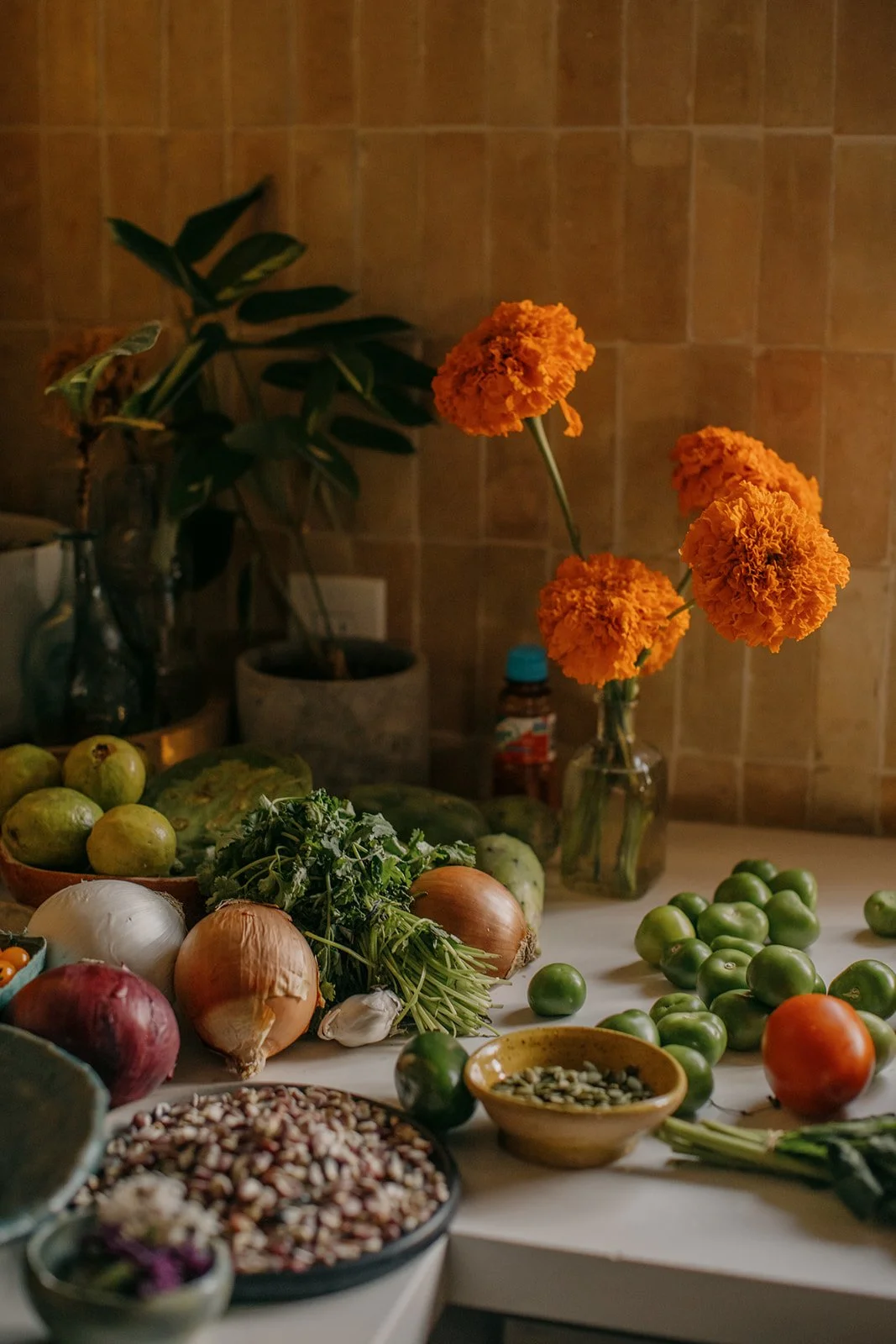 counter with flowers and ingredients