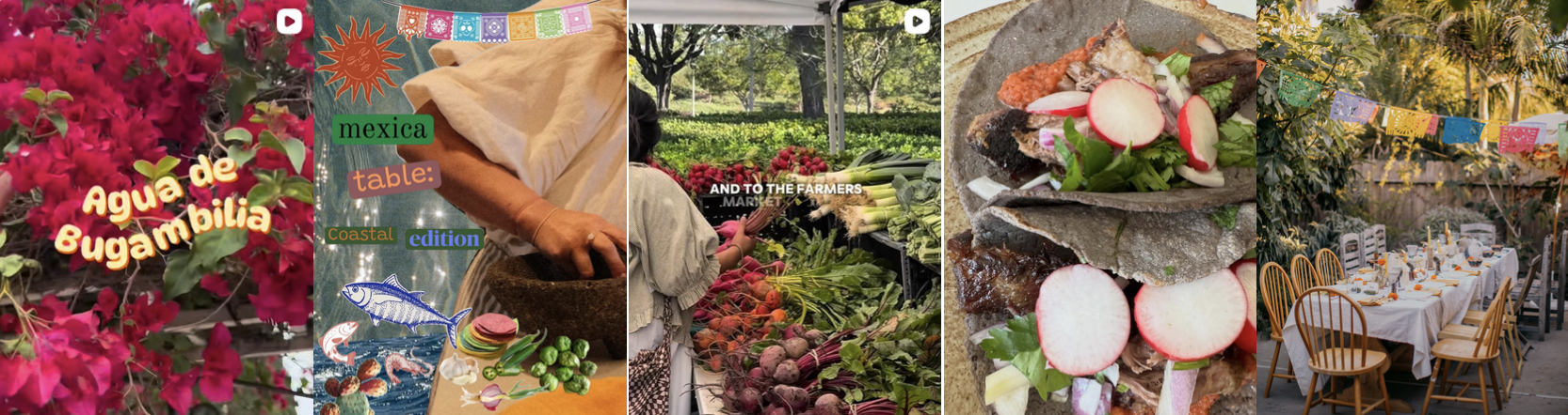 A collage of six images:  one showing bright pink bougainvillea flowers, another featuring Latin American music decorations with festival banner and colorful letters, a third depicting fresh vegetables at a farmers market, a fourth of a slice of steak or beef with vegetables, a fifth of an outdoor dining setup with a table and chairs under string lights, and a sixth of another farmers market scene with trees and produce.