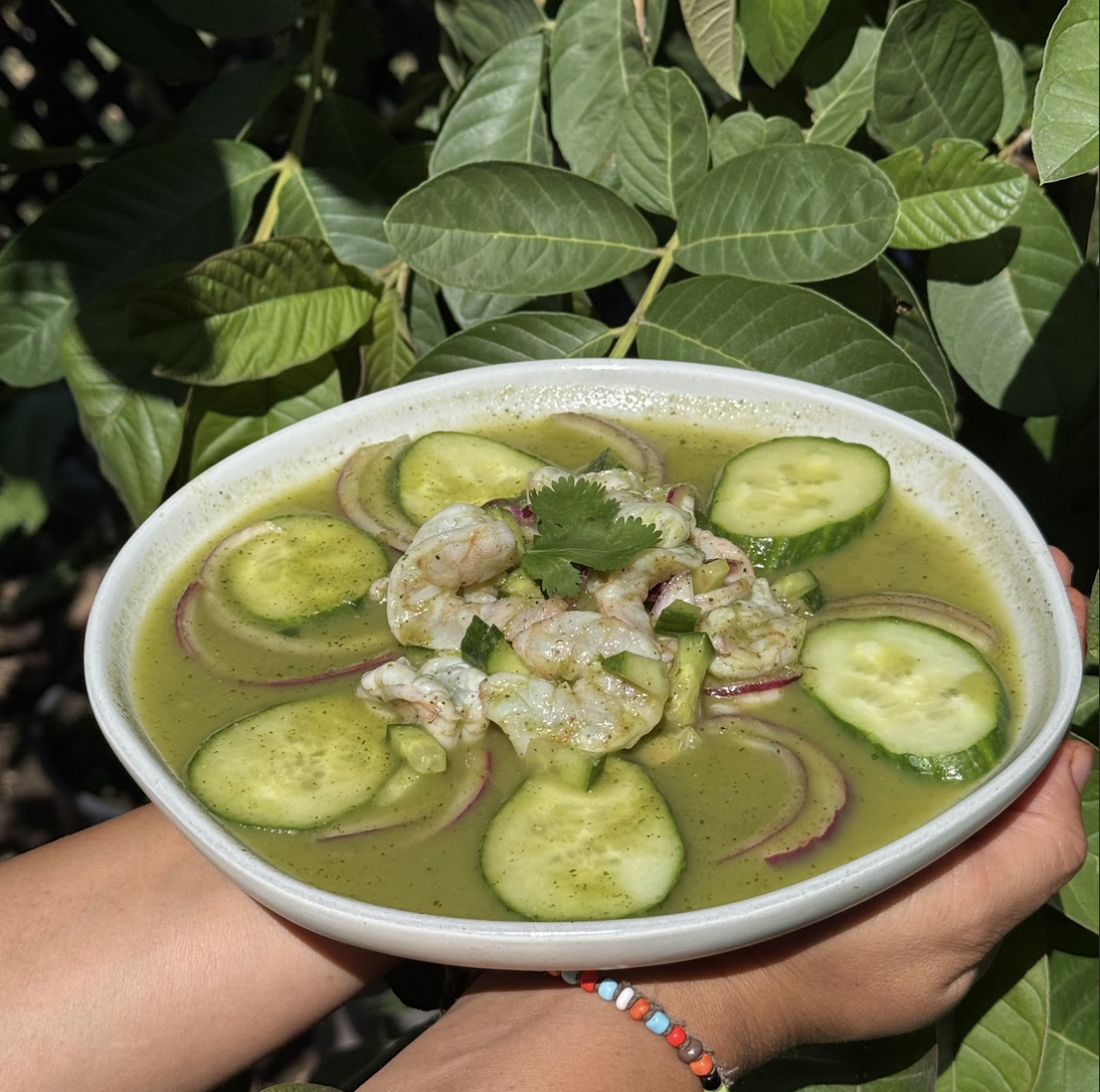 Bowl of green soup garnished