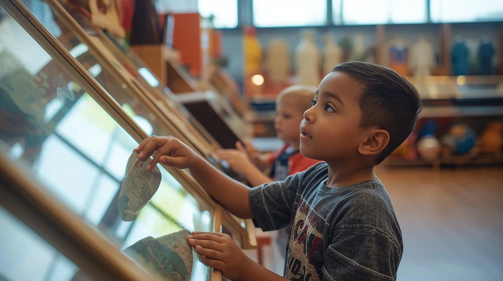 A young boy with dark hair, wearing a gray t-shirt, is at a grocery store looking at a refrigerated display case, holding a product with one hand and touching the glass with the other. In the background, another child is also looking at items.