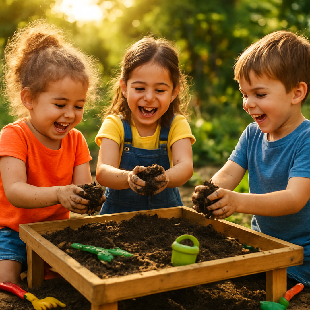 Three kids playing and digging in a sandbox outdoors, smiling and enjoying themselves.