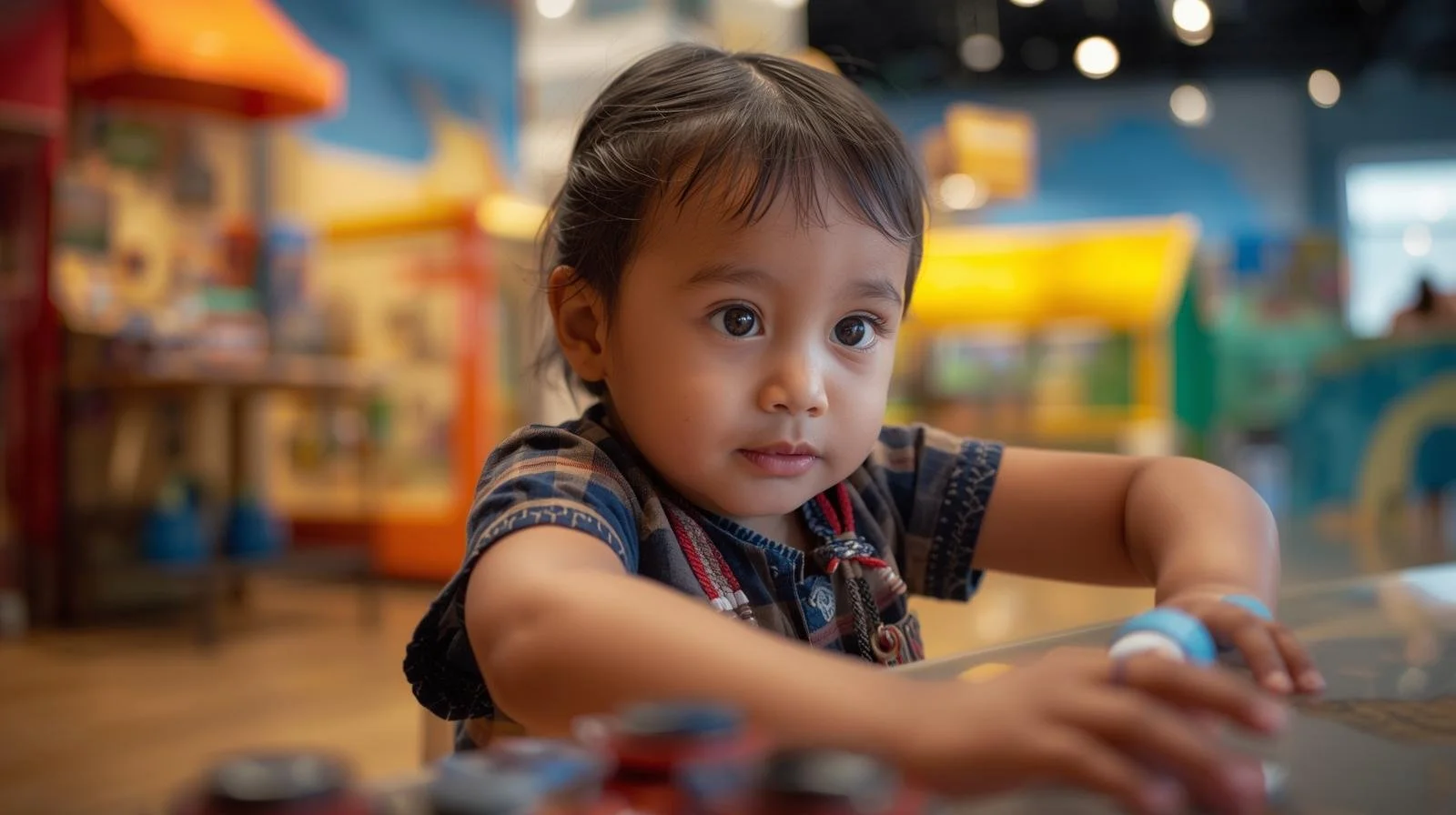 A young boy with dark hair and big eyes sitting at a table in an arcade or amusement center, with colorful game machines and stalls in the background.