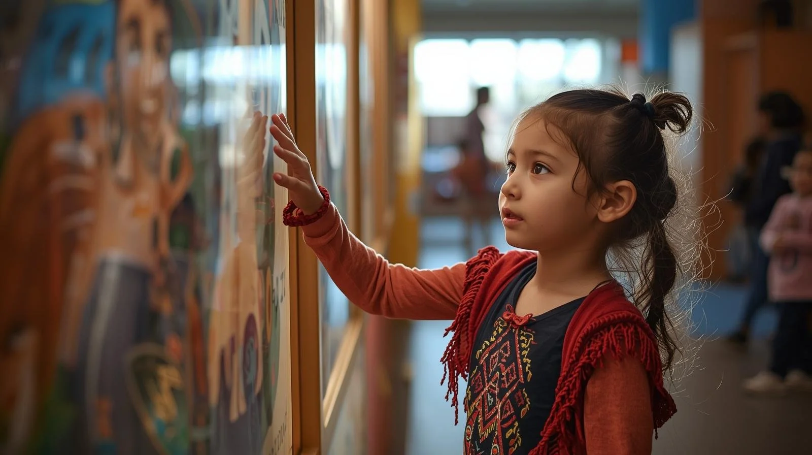 Young girl in a red jacket and black shirt with colorful embroidery touches a colorful display board in a museum or educational space.