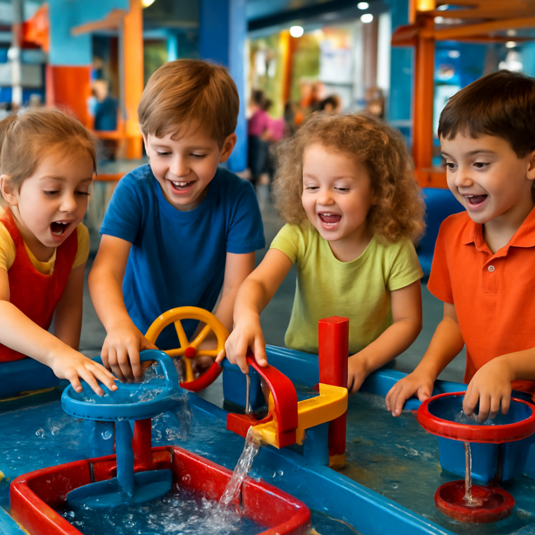 Four children playing with water toys at an indoor play area.