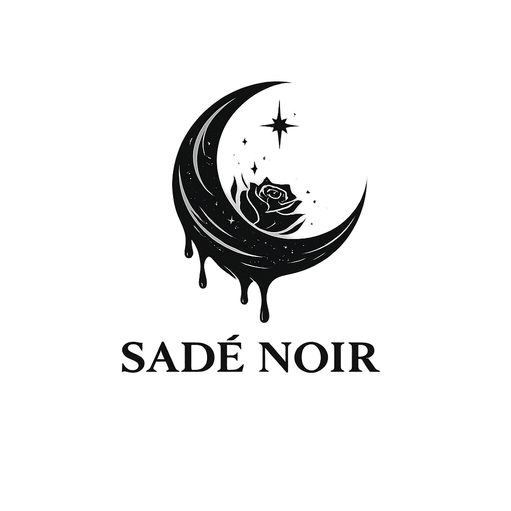 Black graphic of a crescent moon with a rose, stars, and drips above the text 'SADÉ NOIR' on a gray background.