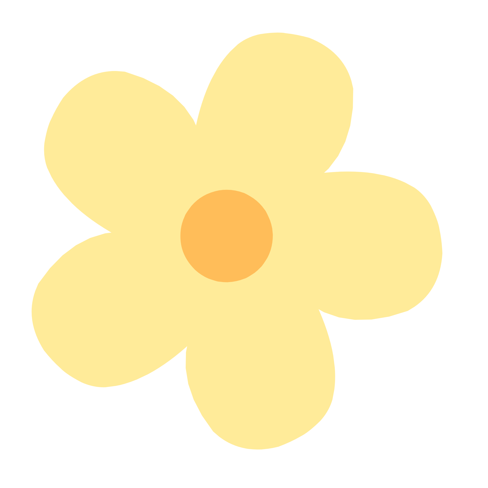 A simple illustration of a yellow flower with five rounded petals and a circular orange center.