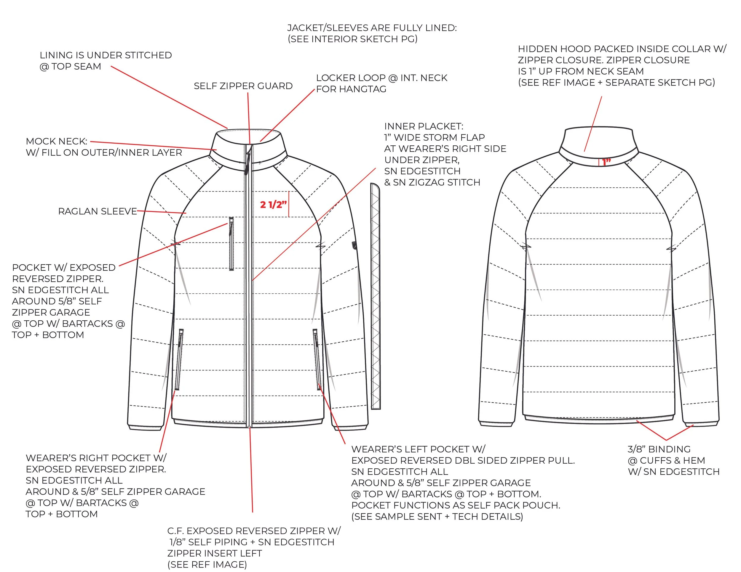 Developed detailed tech packs outlining garment construction, materials, and trim details for production.
