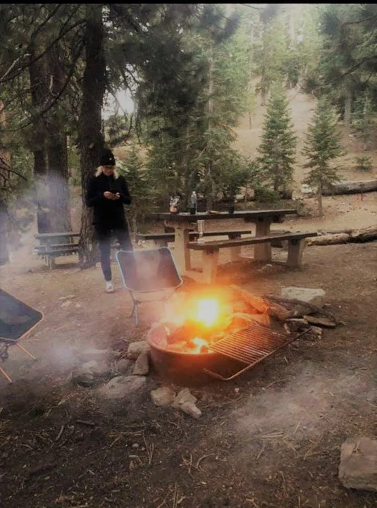 Camping scene with a campfire and person in a forest