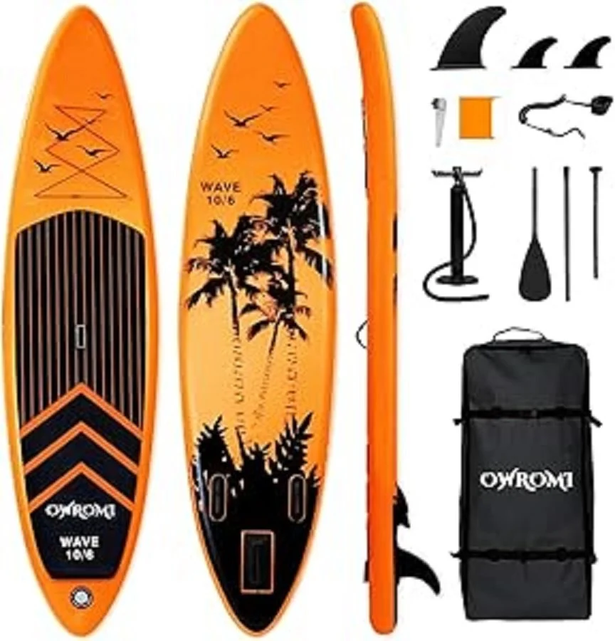 Orange stand-up paddleboard with palm tree and bird design, accompanied by paddle, fins, pump, and carrying bag. by winged not wired watersports rentals