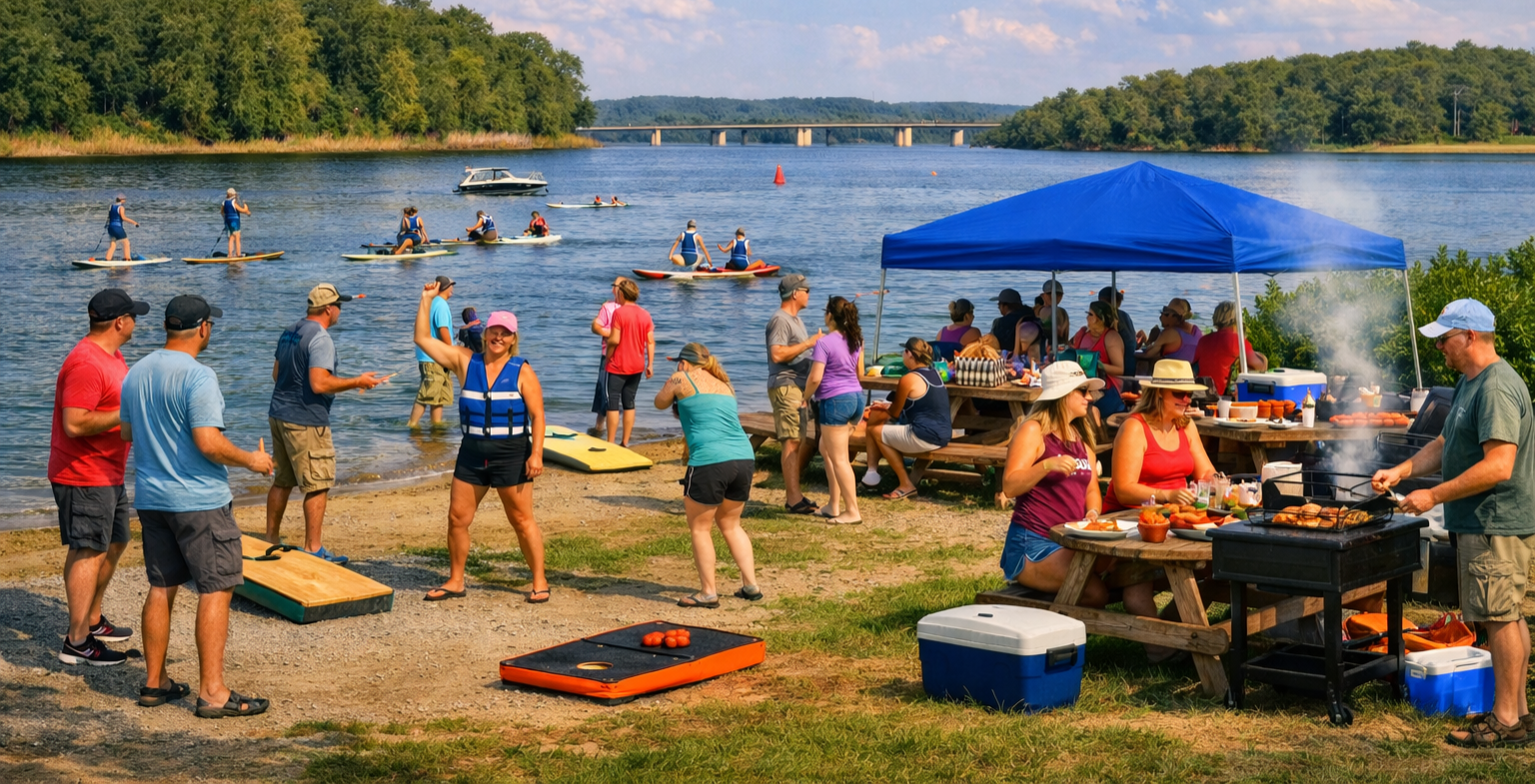 People enjoying a summer gathering at lake Hartwell, with paddleboard rentals  and games from Play Fair Paddleboarding, Group experience and customizable packages