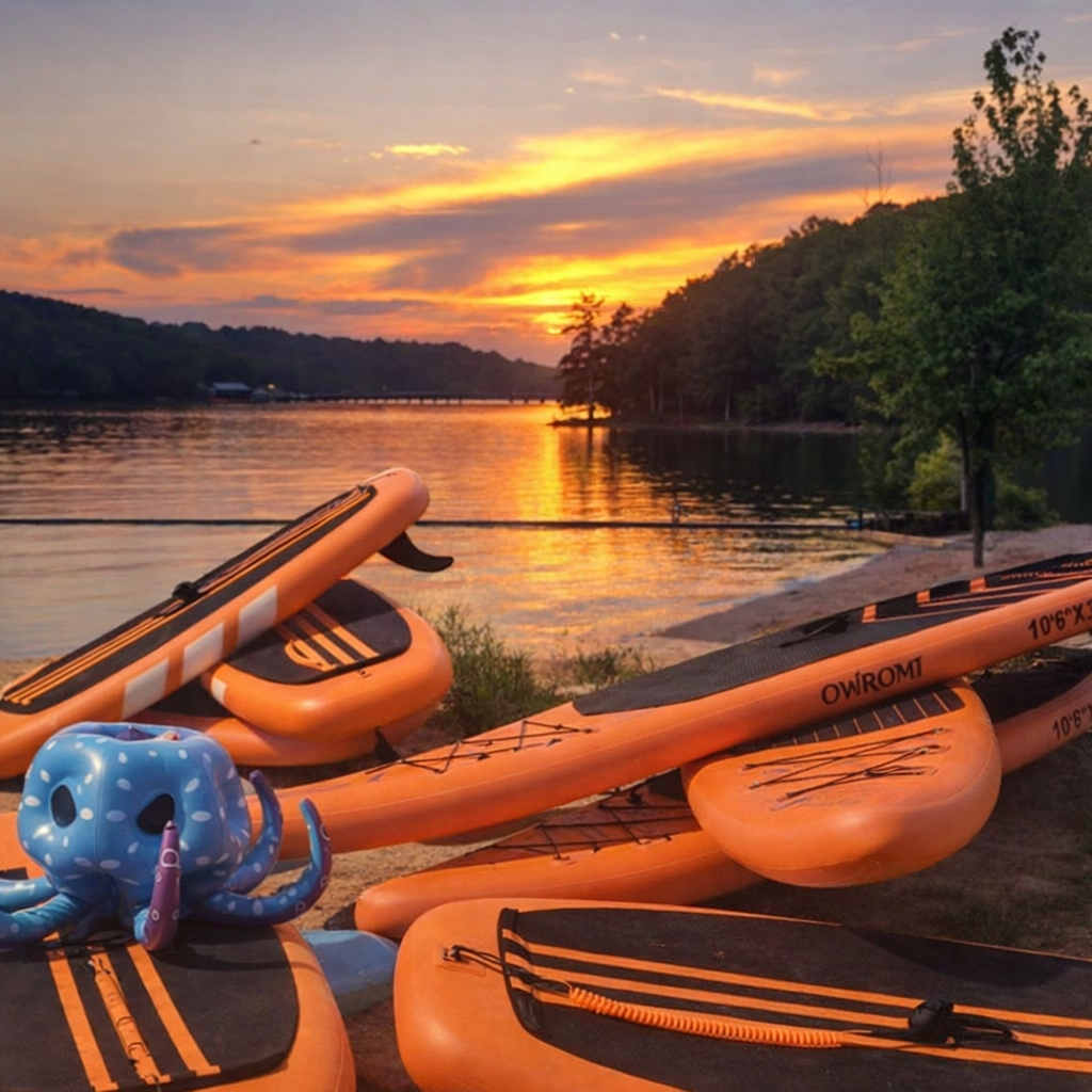 Paddle Board Rental Fleet by Play Fair Paddleboarding and a small blue inflatable octopus sit on the sandy shore of a river during sunset. After a homeschool session
