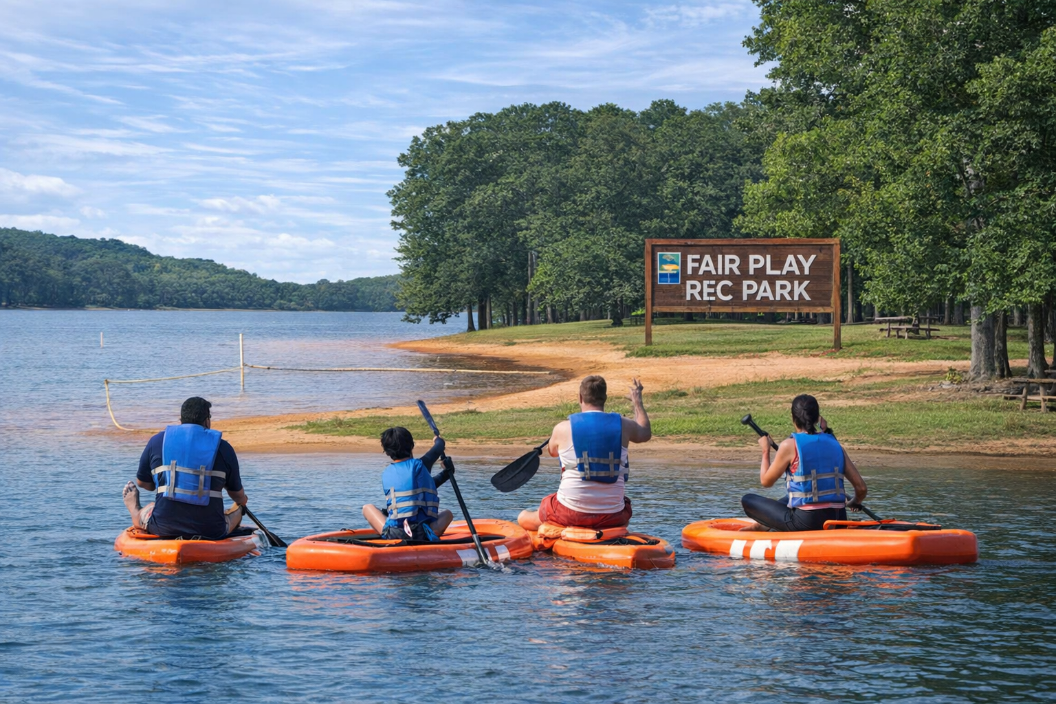 Family of 6, including children, paddleboarding on a lake at Fair Play Recreation Park with a sign and trees in the background.  Having a lesson  with Play Fair Paddleboarding