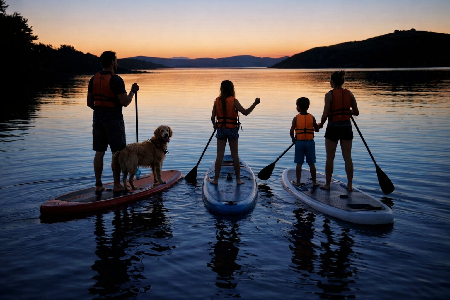 People paddle boarding on lake Hartwell at sunset, with three children and a dog all wearing life jackets.  rentals from play fair paddleboarding