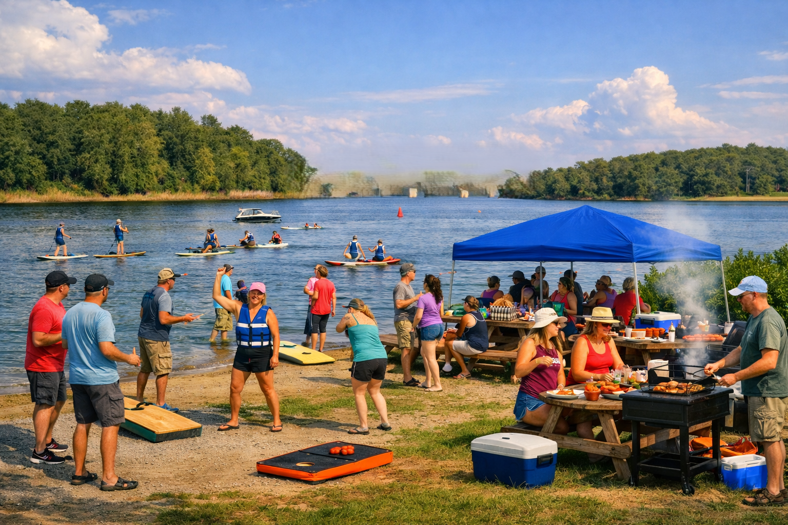 Paddle Board Rental Fleet by Play Fair Paddleboarding and a small blue inflatable octopus sit on the sandy shore of a river during sunset. After a homeschool session
