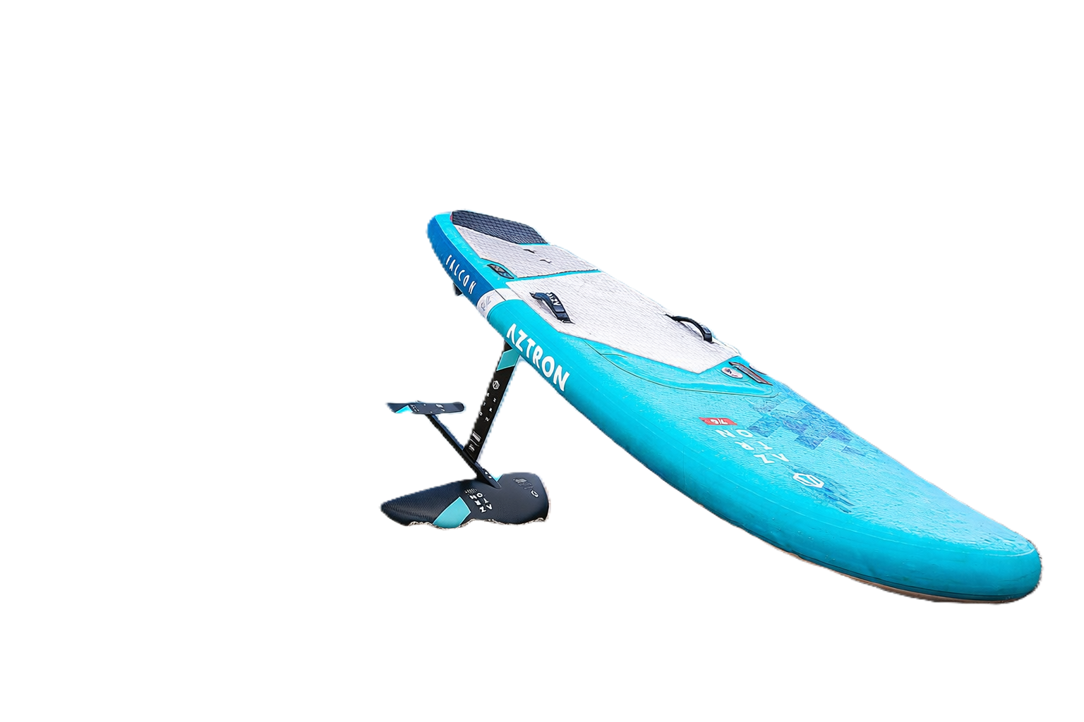 Blue and white stand-up paddleboard with an attached black and blue adjustable seat on a white background.  Beginner Hydro Foil - Tow Play Fair Paddleboarding-Lake Hartwell, SC