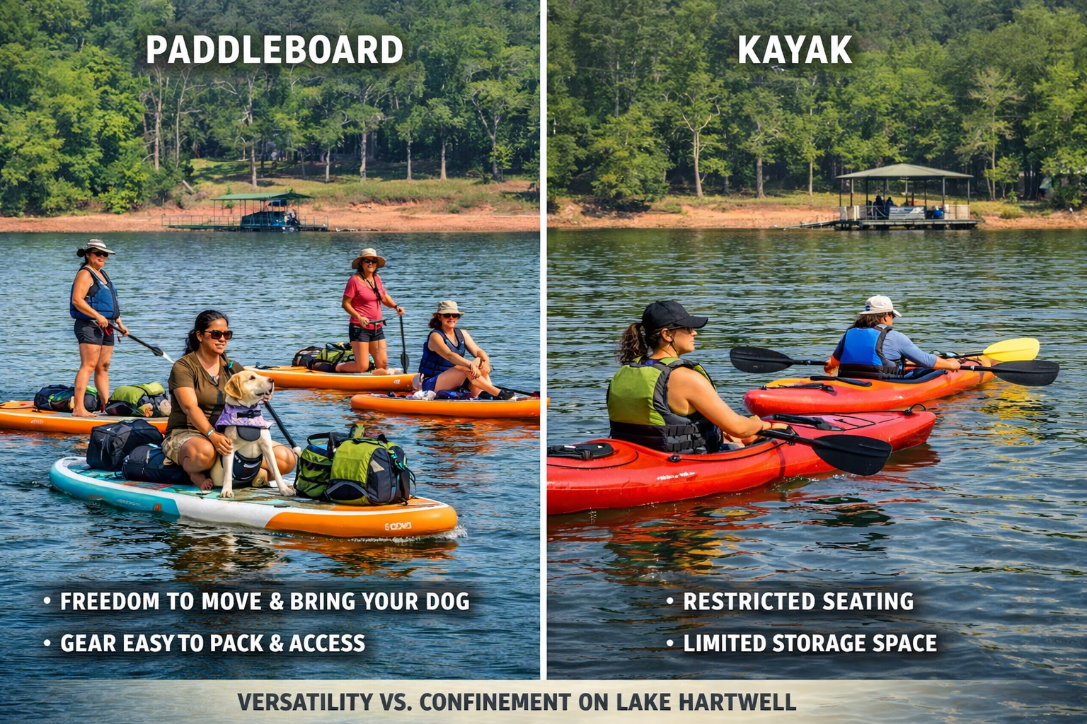 Image comparing paddleboarding and kayaking on Lake Hartwell. The left side shows four women and a dog on paddleboards with gear, emphasizing freedom of movement and easy packing. The right side shows two women in kayaks with restricted seating and limited storage. Text highlights the versatility of paddleboarding versus the confinement of kayaking.