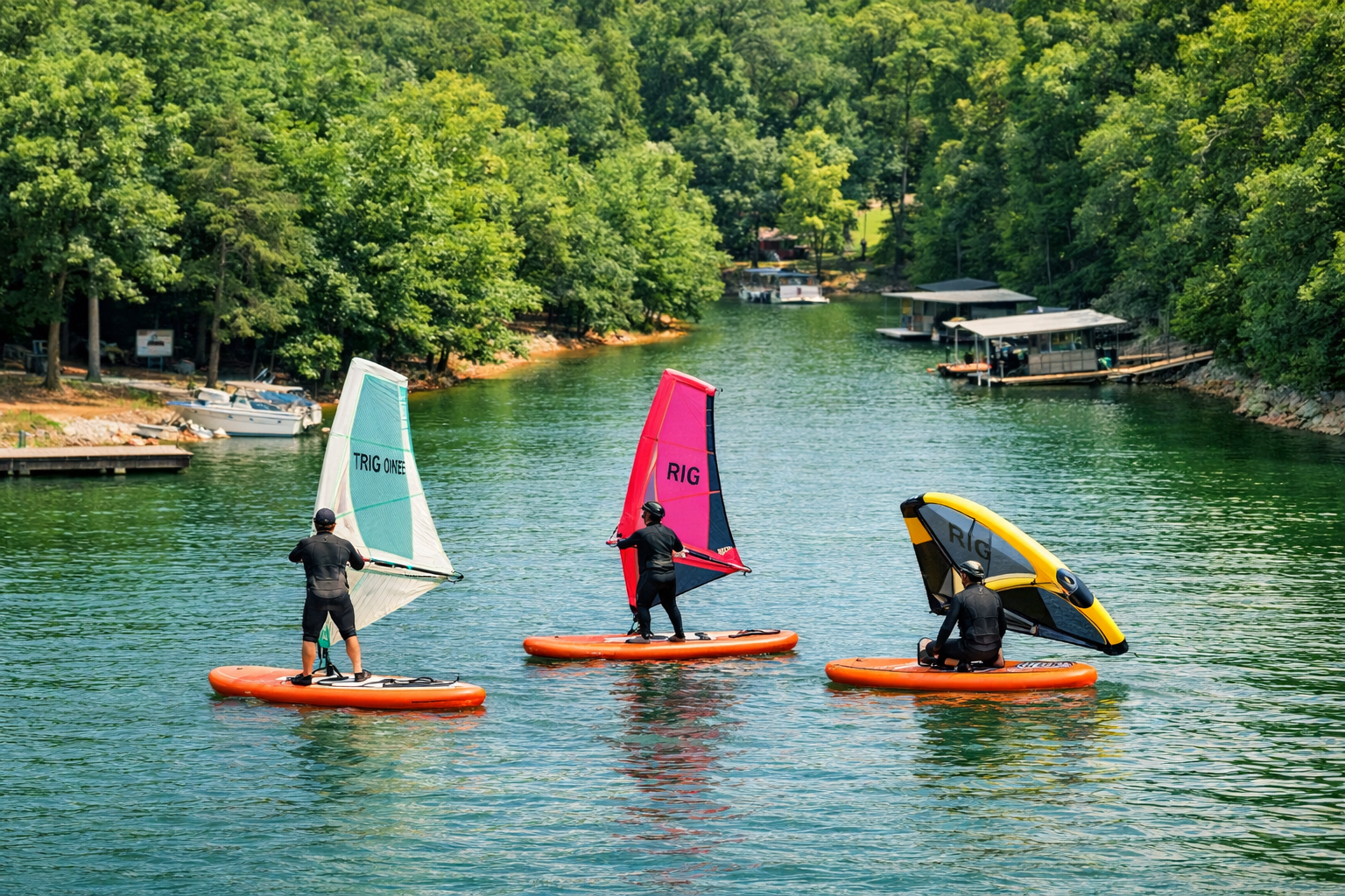 parents and a 16 yo girl on stand-up paddleboards with inflatable sails Wind-suping, on a calm body of water, at Lake Hartwell having a wind-suping lesson and trees in the background.