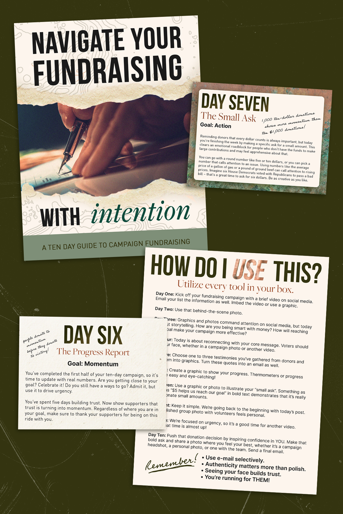 Mock up showing clips and pages from the free fundraising guide