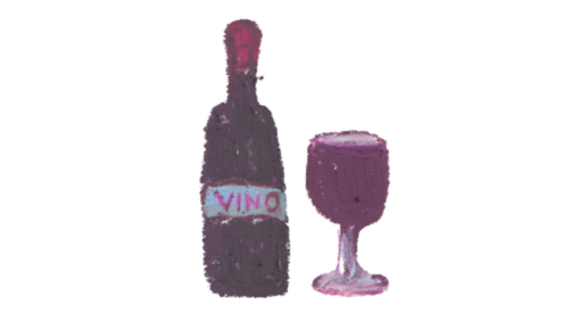A small bottle with a pink and purple label reading 'Vino' and a filled wine glass, both set against a plain black background.